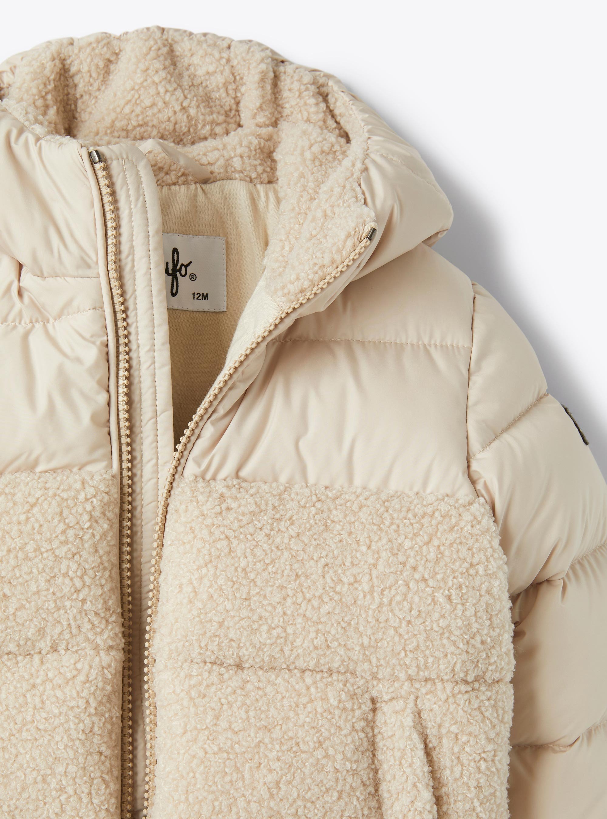 Nylon and curly fleece down jacket - Brown | Il Gufo