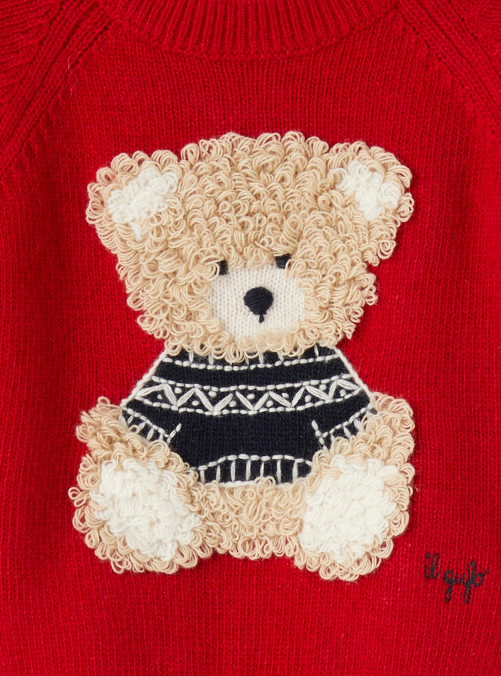 Wool sweater with emroidered bear - Red | Il Gufo