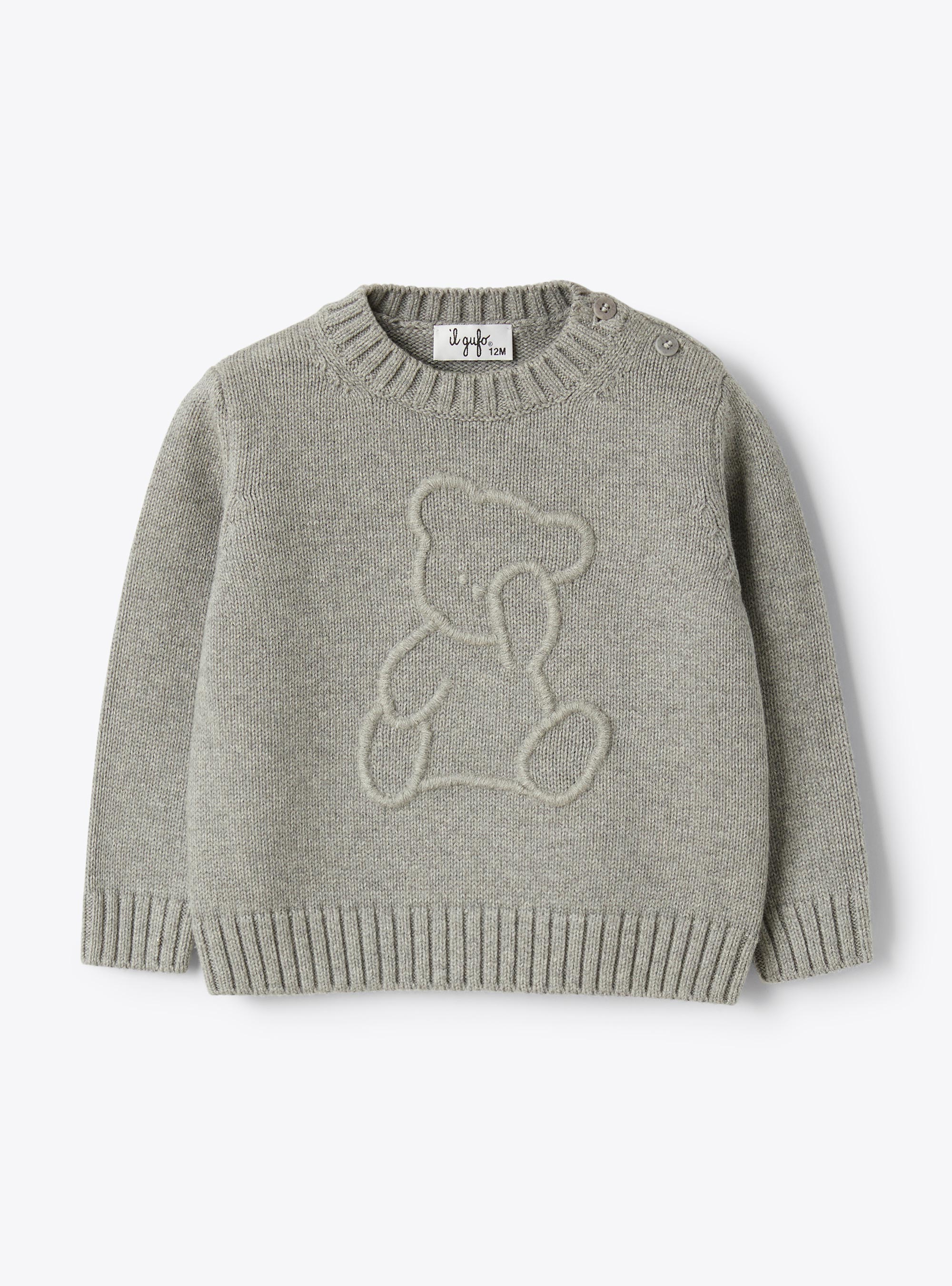 Organic cotton sweater with bear - Grey | Il Gufo