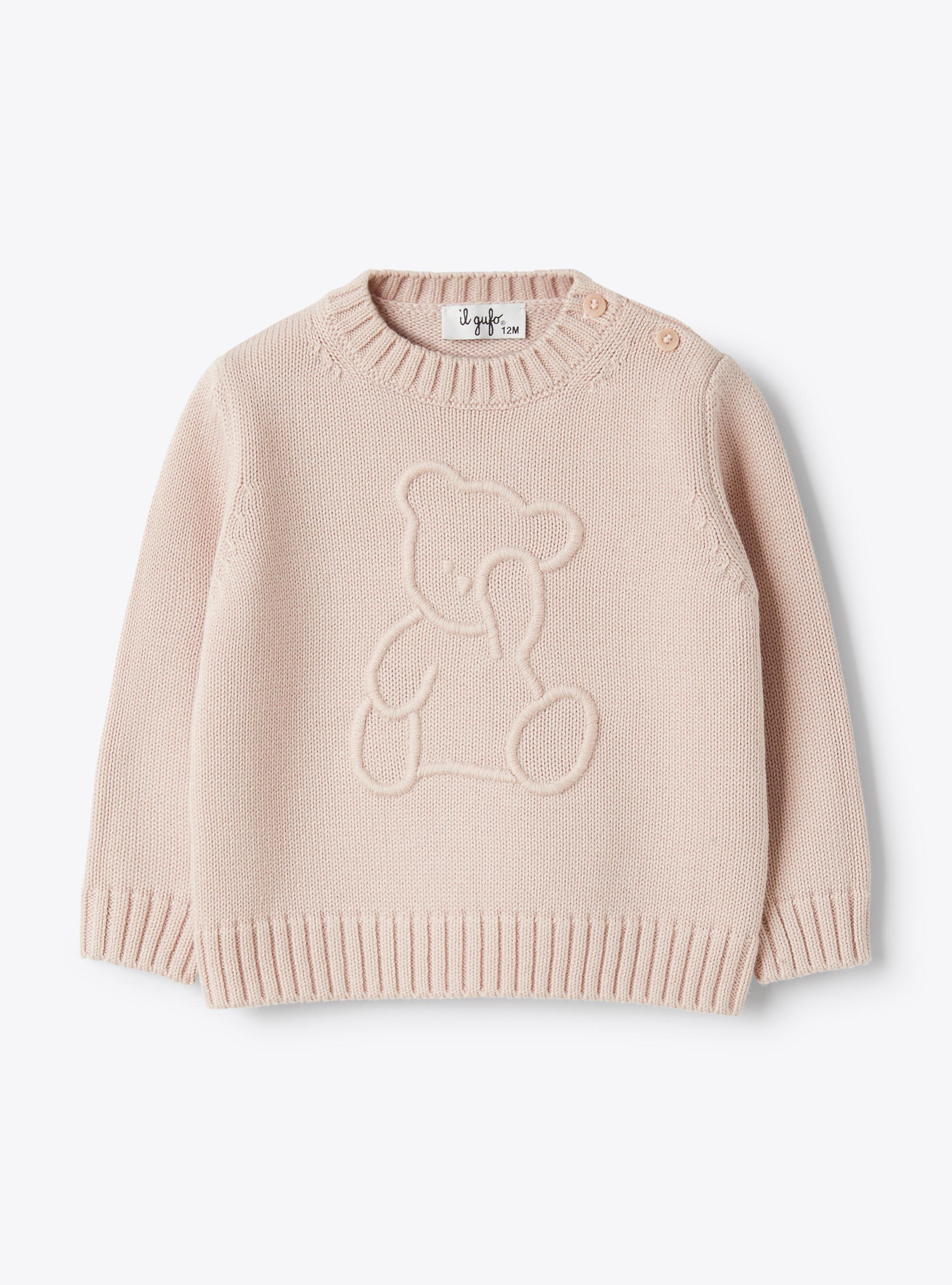 Organic cotton sweater with bear - Pink | Il Gufo