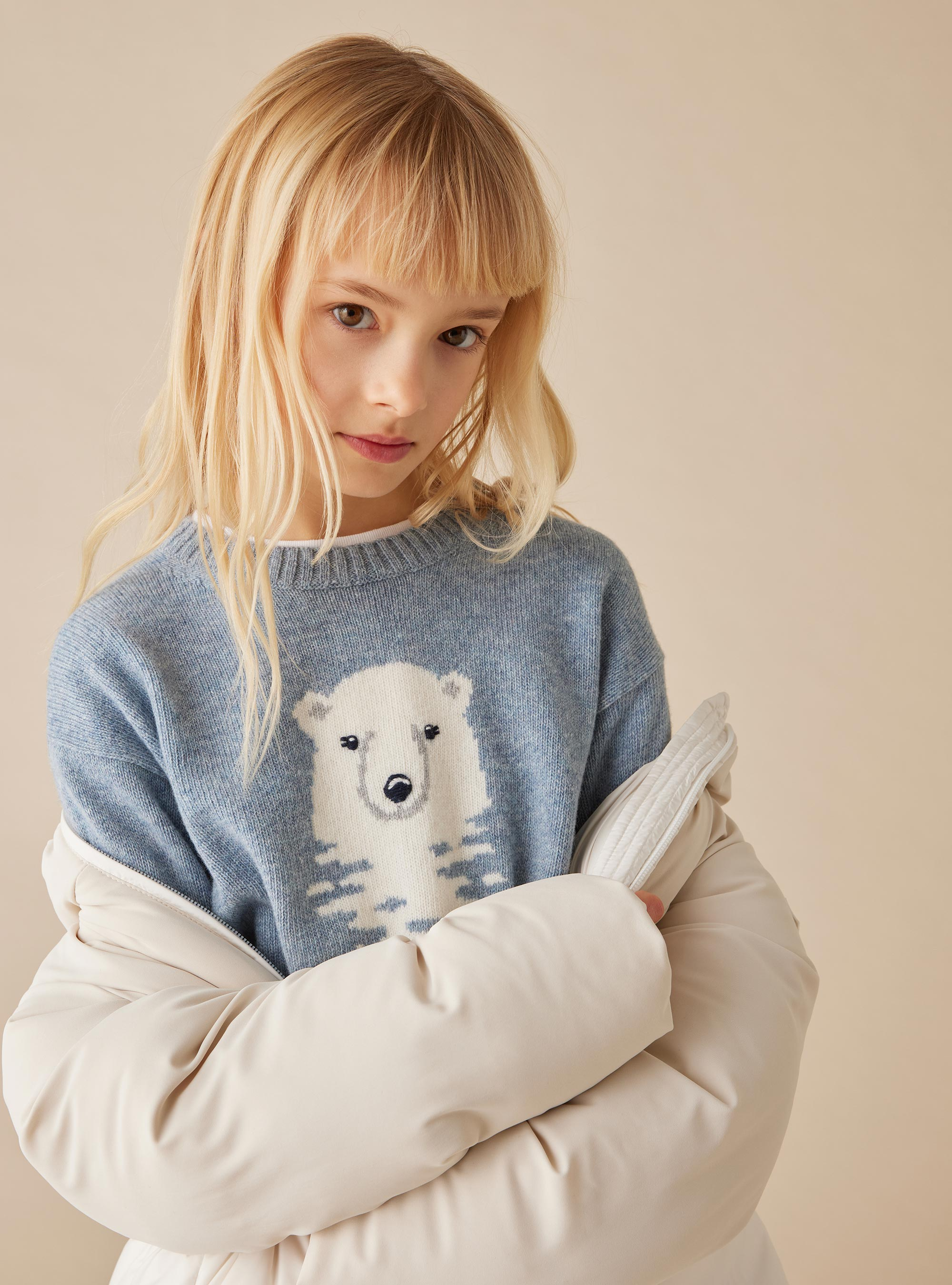 Wool sweater with polar bear - Light blue | Il Gufo