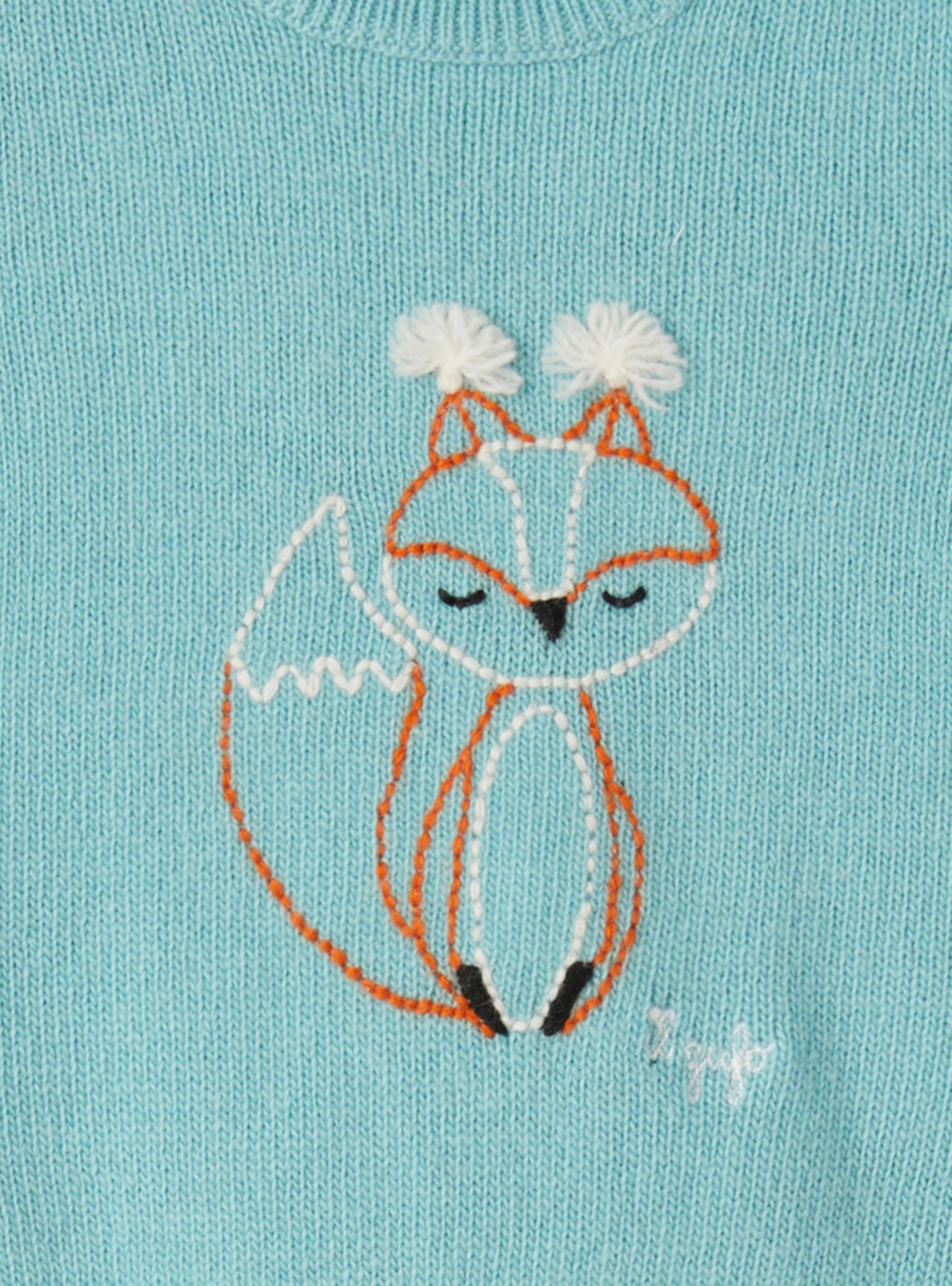 Wool sweater with fox embroidery - Light blue | Il Gufo