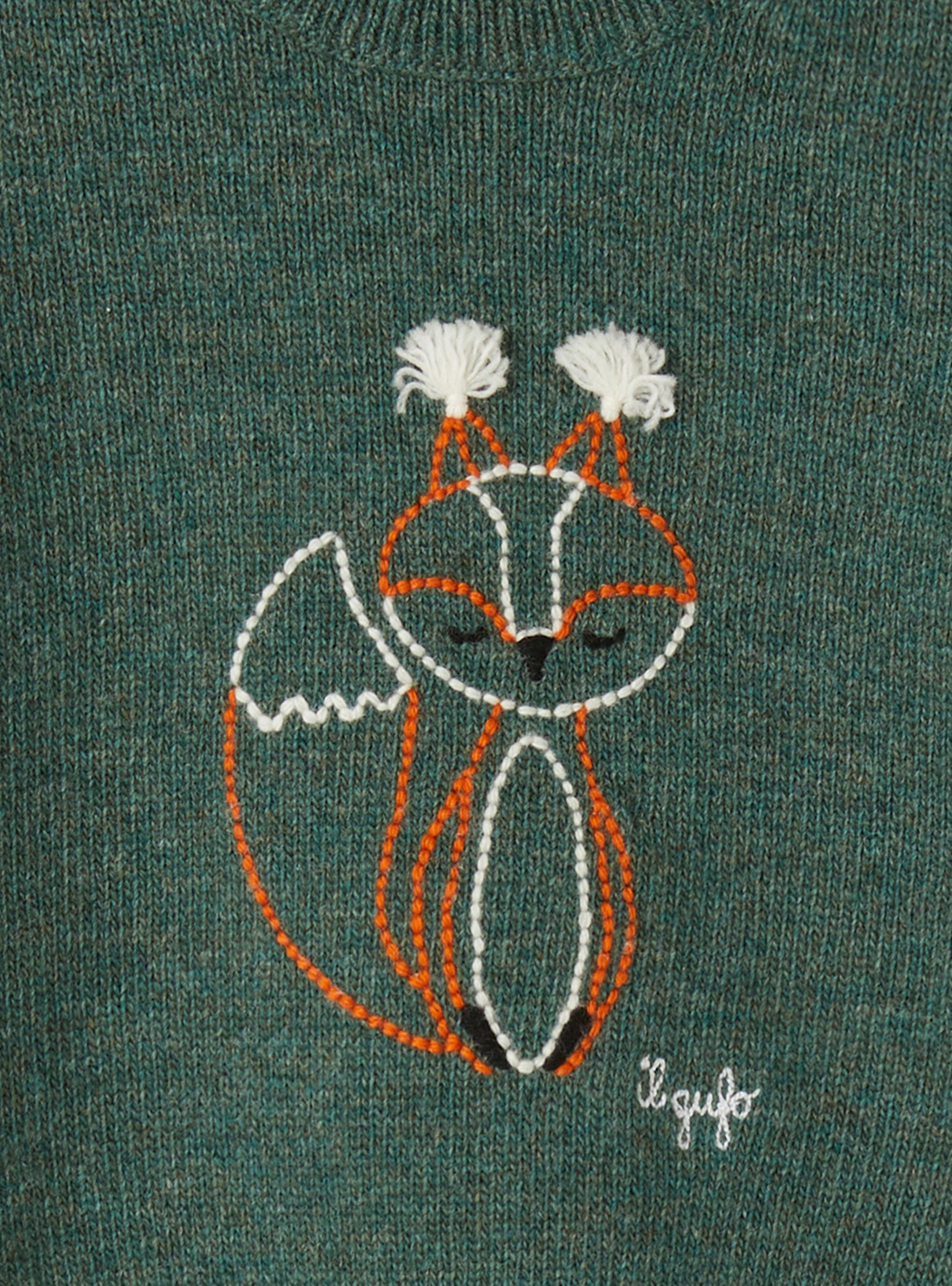 Wool sweater with fox embroidery - Green | Il Gufo