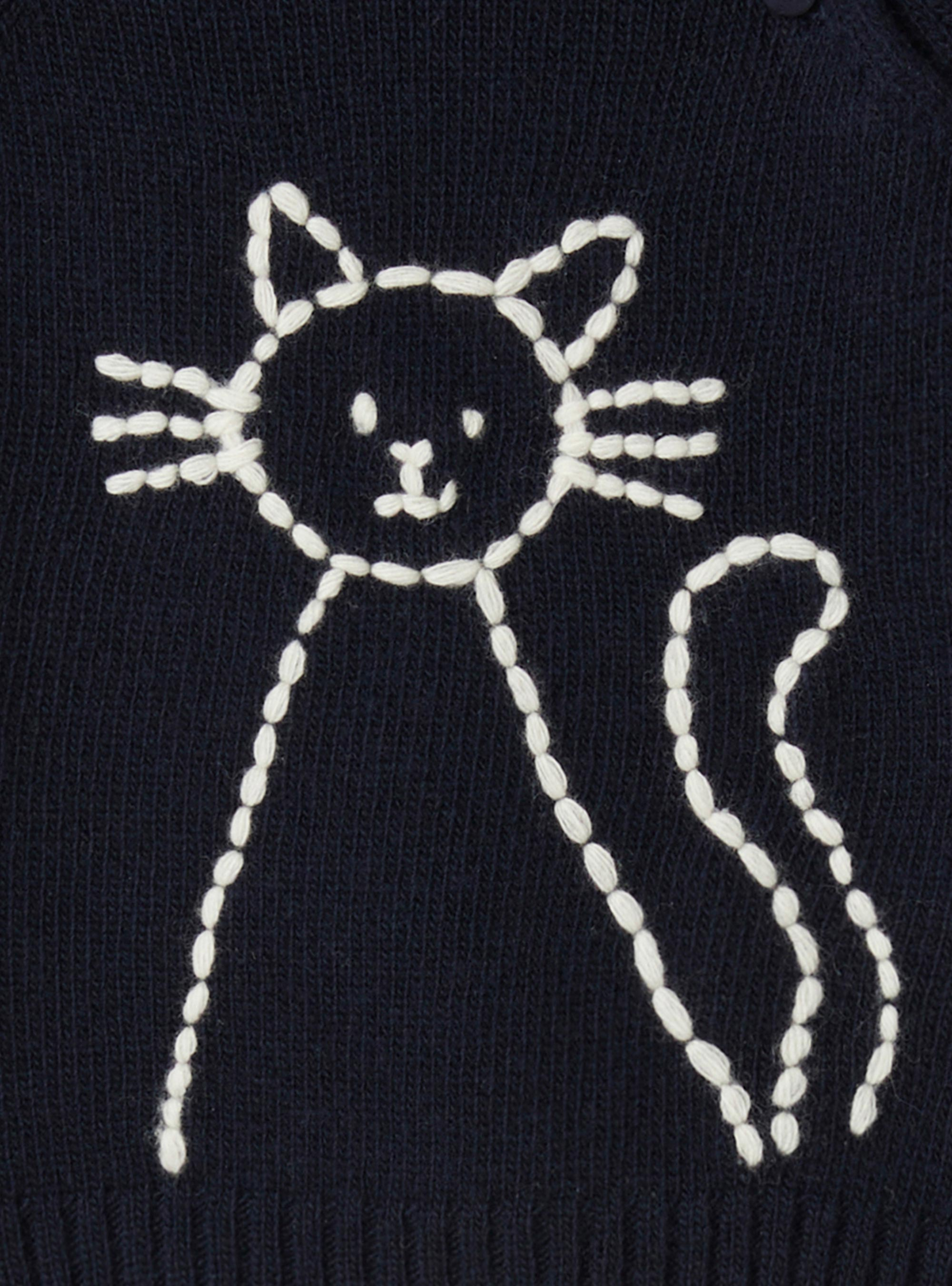 Wool sweater with cat embroidery - Blue | Il Gufo