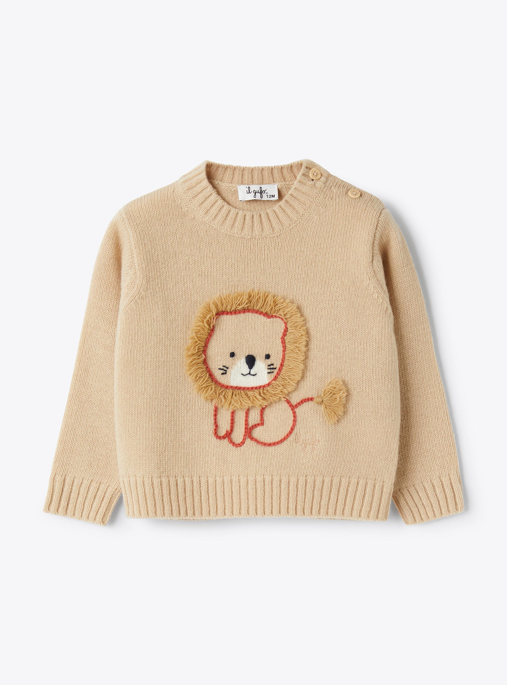 Pull en laine avec broderie lion - Beige | Il Gufo