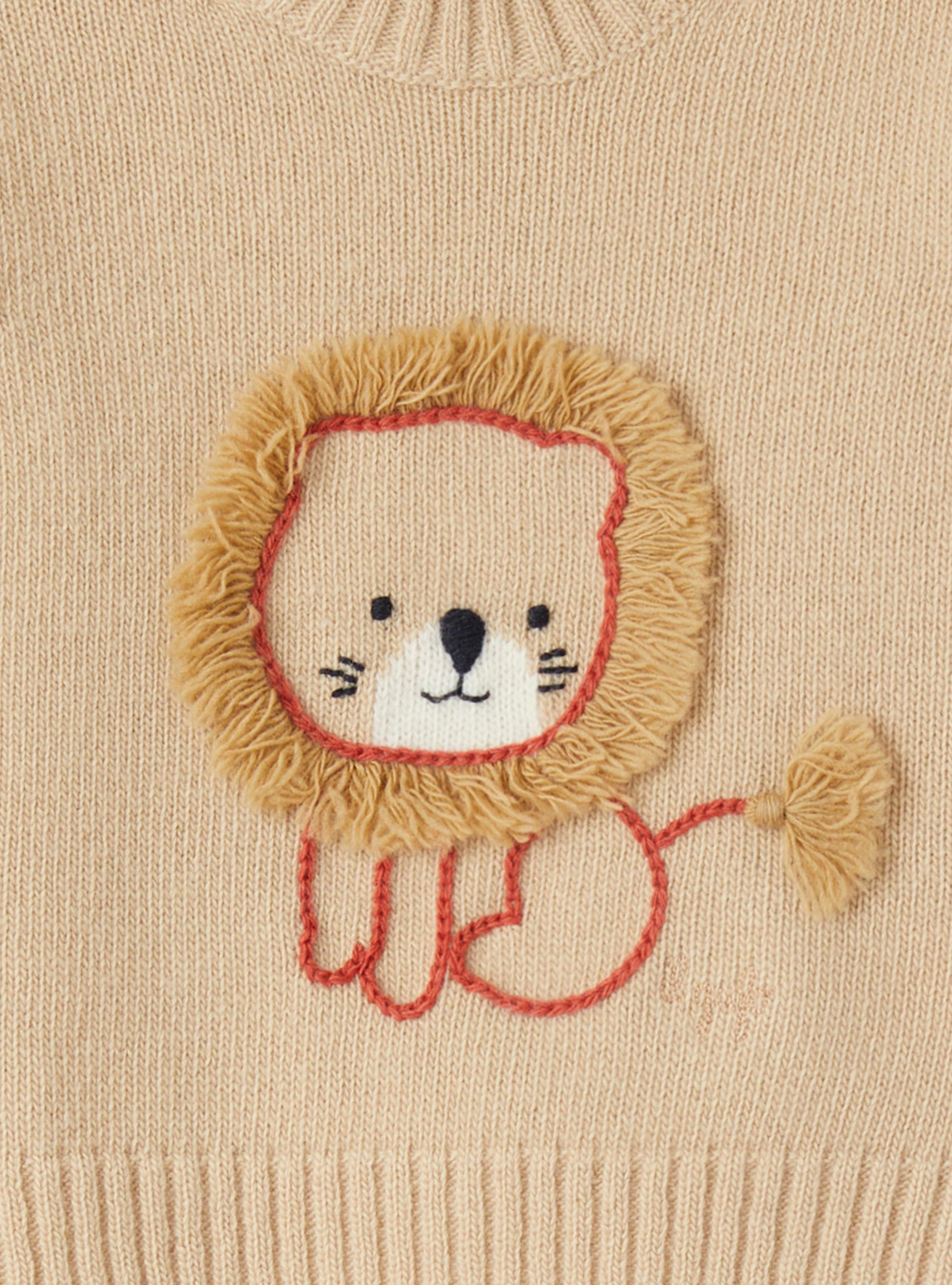 Wool sweater with embroidered lion - Beige | Il Gufo