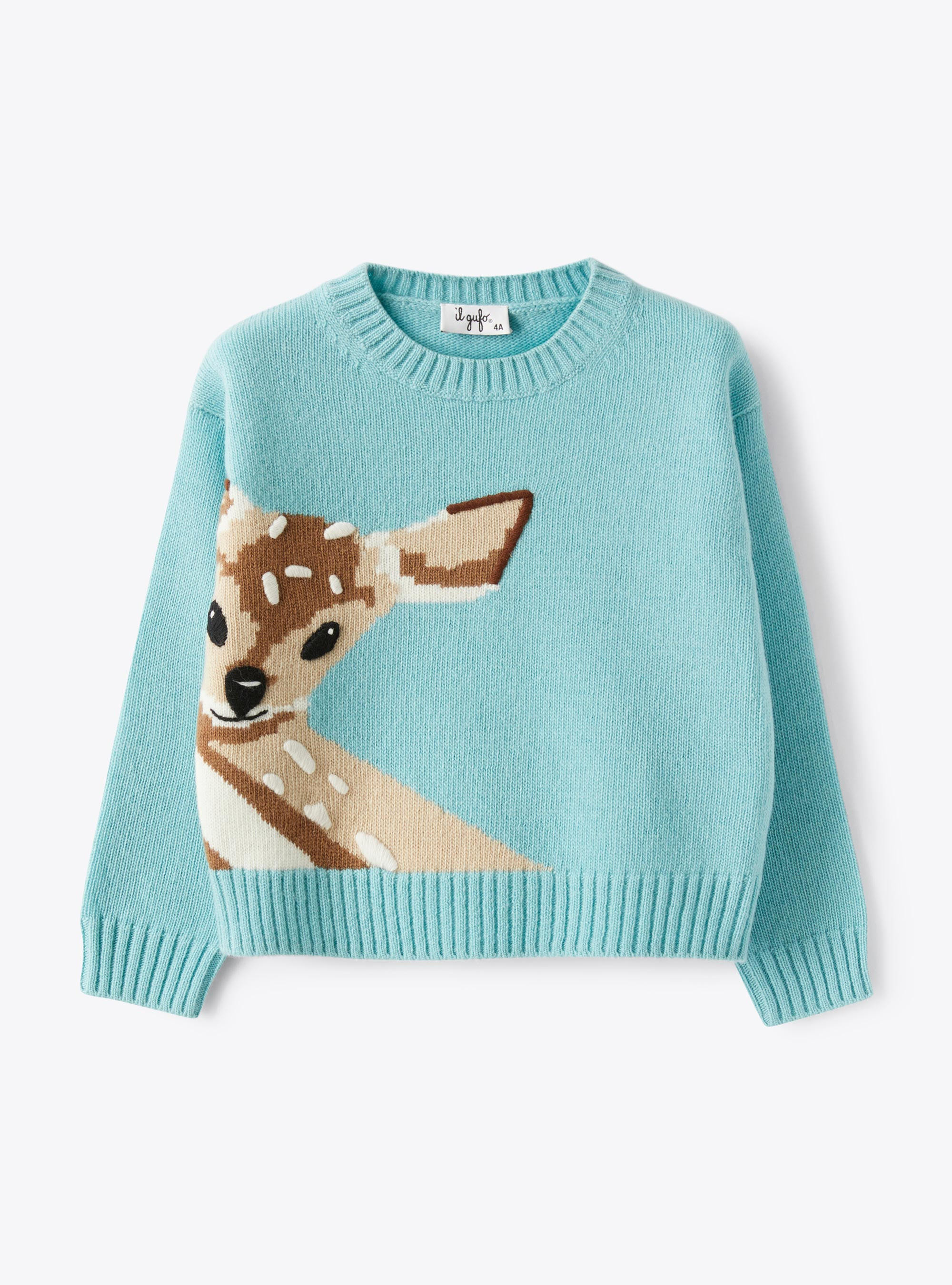 Wool sweater with fawn - Light blue | Il Gufo