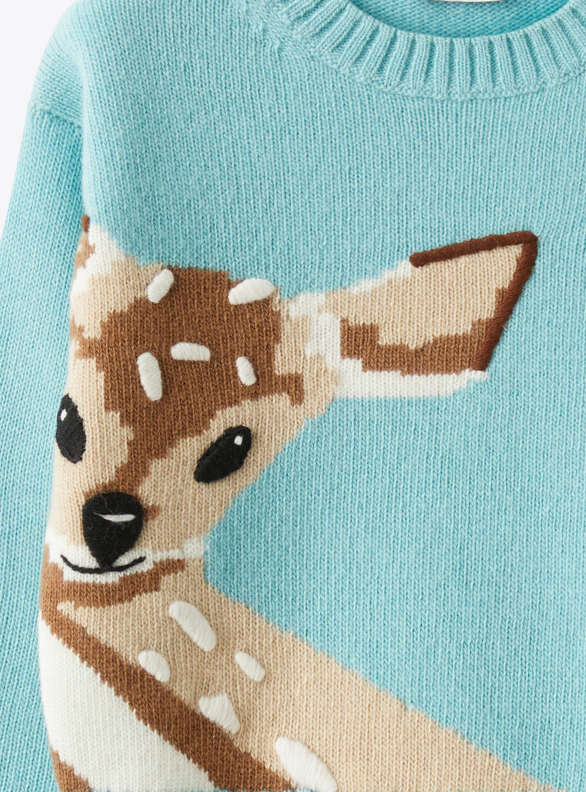 Wool sweater with fawn - Light blue | Il Gufo