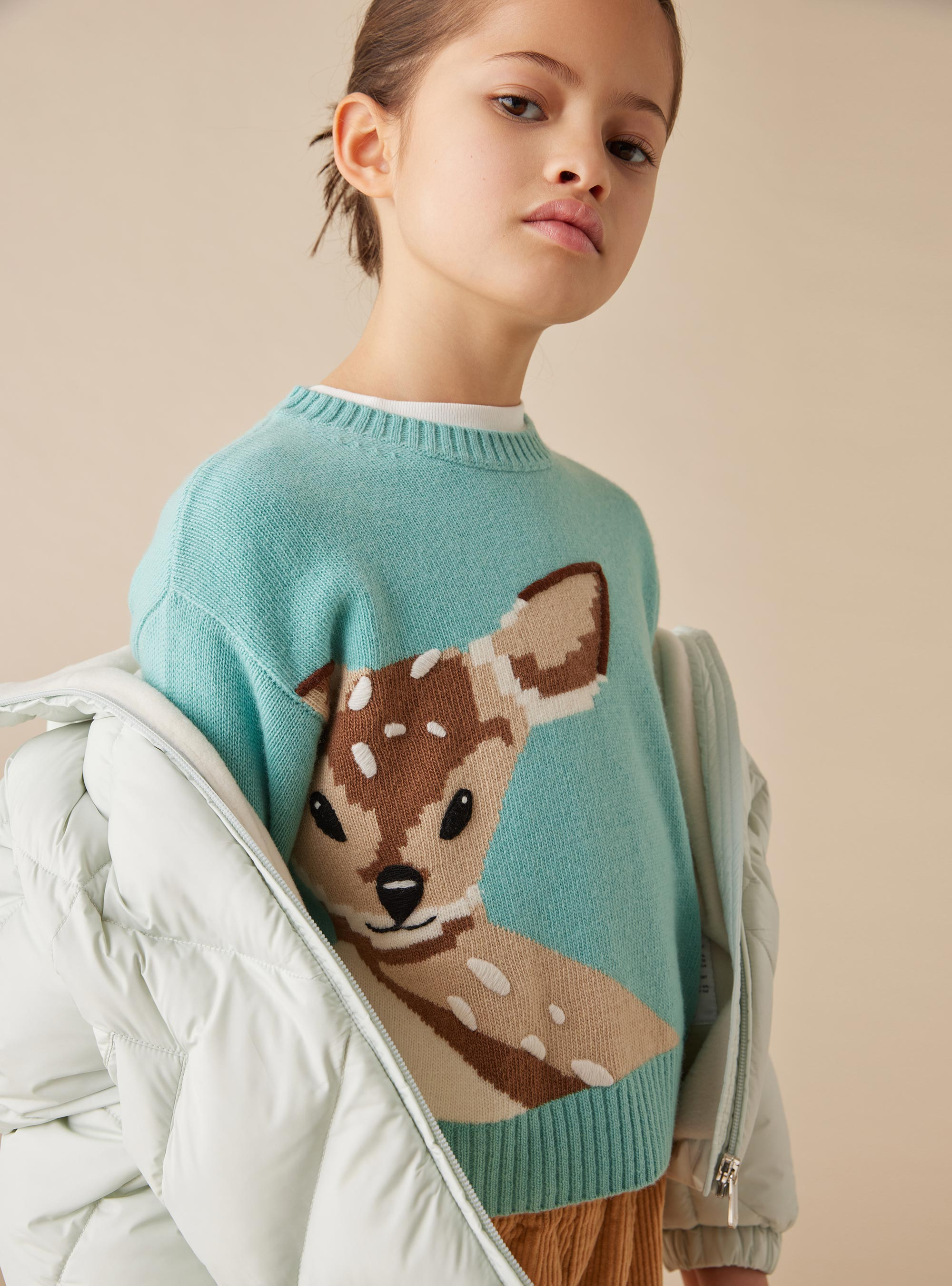 Wool sweater with fawn - Light blue | Il Gufo