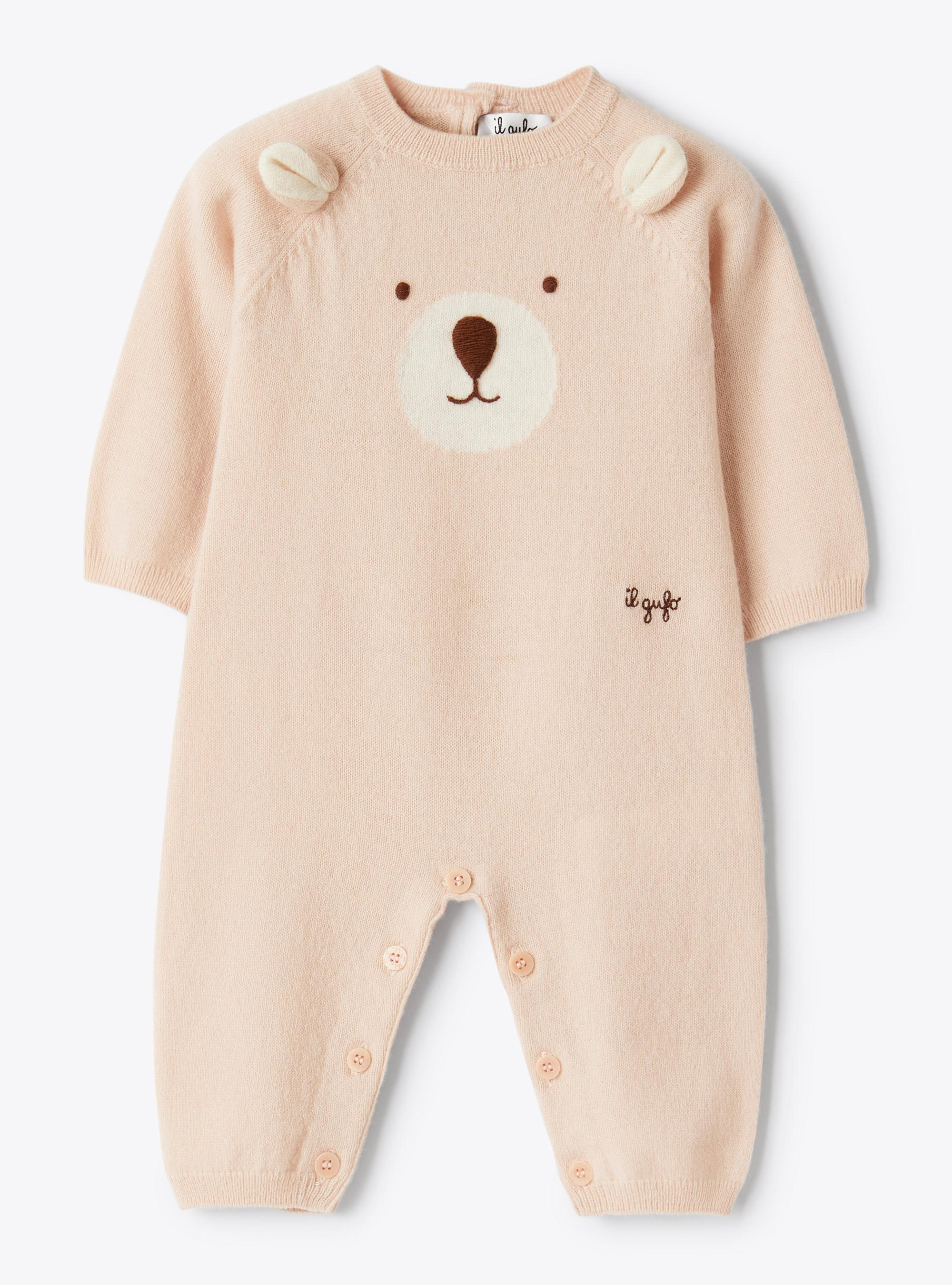 Merino wool jumpsuit with bear - Pink | Il Gufo