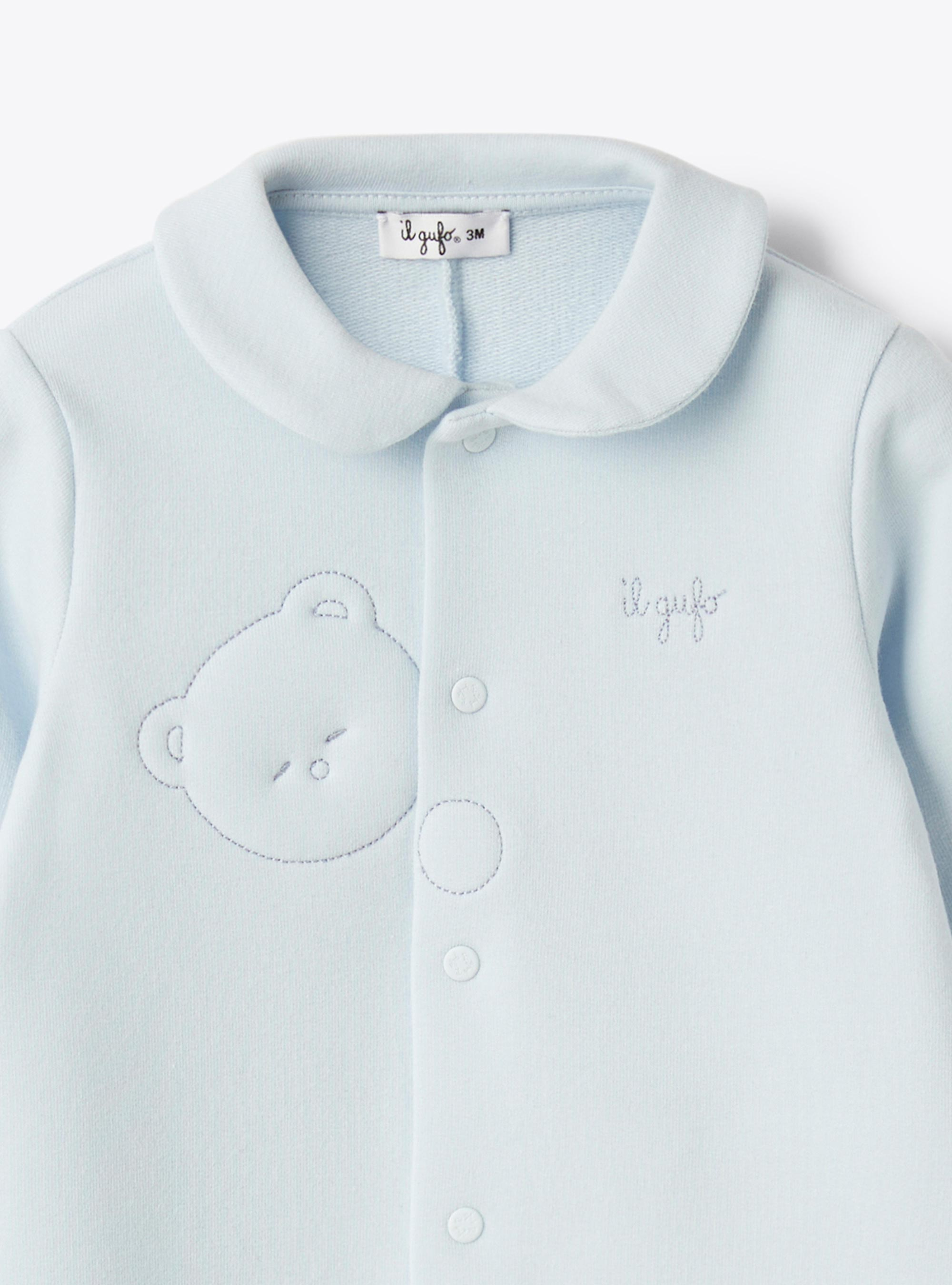 Stretch cotton fleece jumpsuit with littlebear - Light blue | Il Gufo