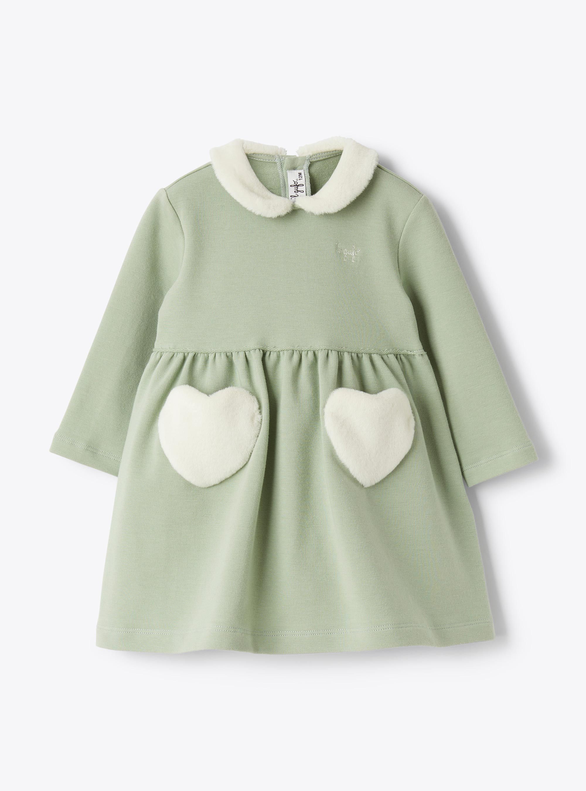 Cotton fleece dress with eco-fur insert - Green | Il Gufo