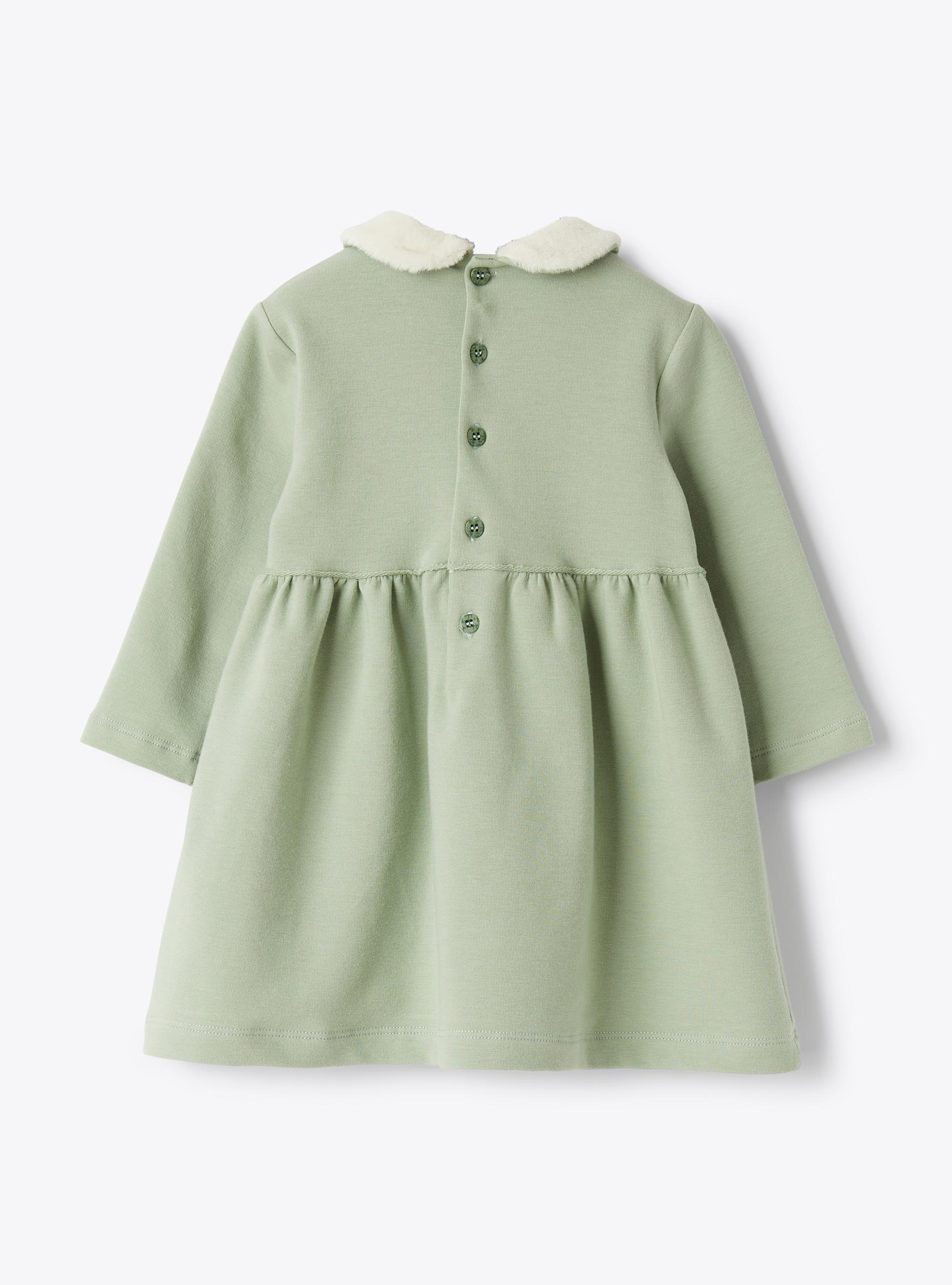 Cotton fleece dress with eco-fur insert - Green | Il Gufo