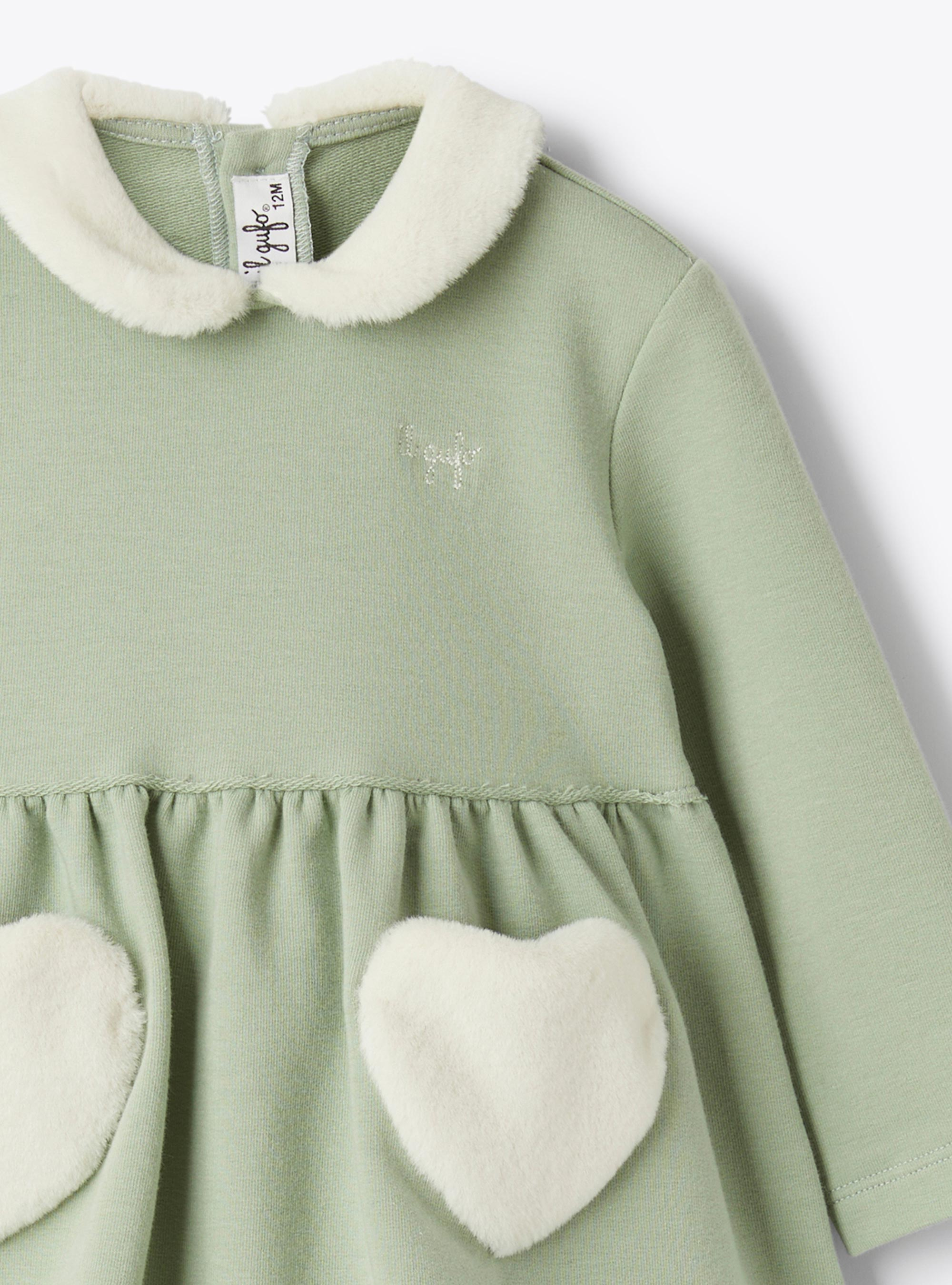 Cotton fleece dress with eco-fur insert - Green | Il Gufo