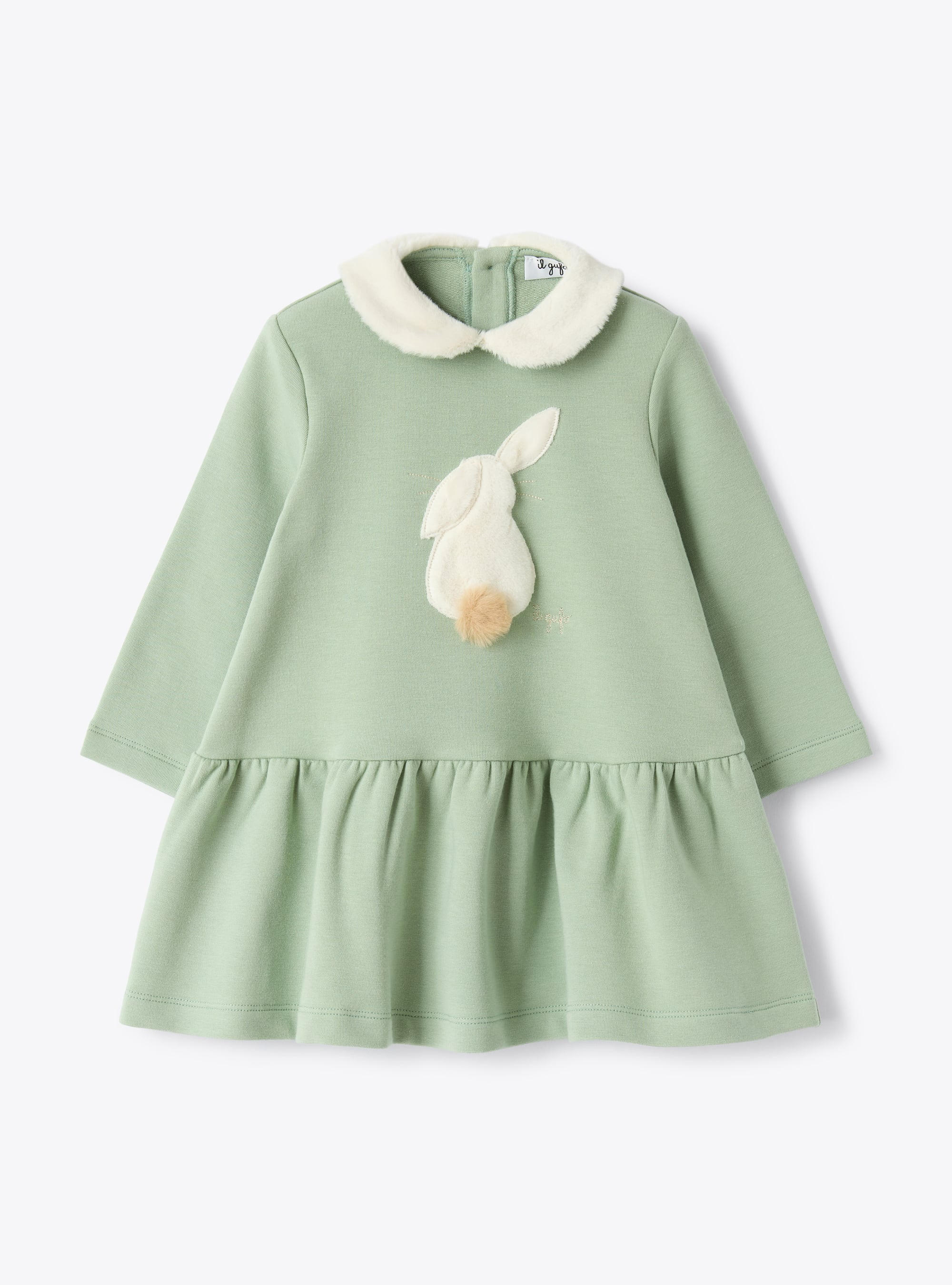 Cotton fleece dress with eco-fur insert - Green | Il Gufo