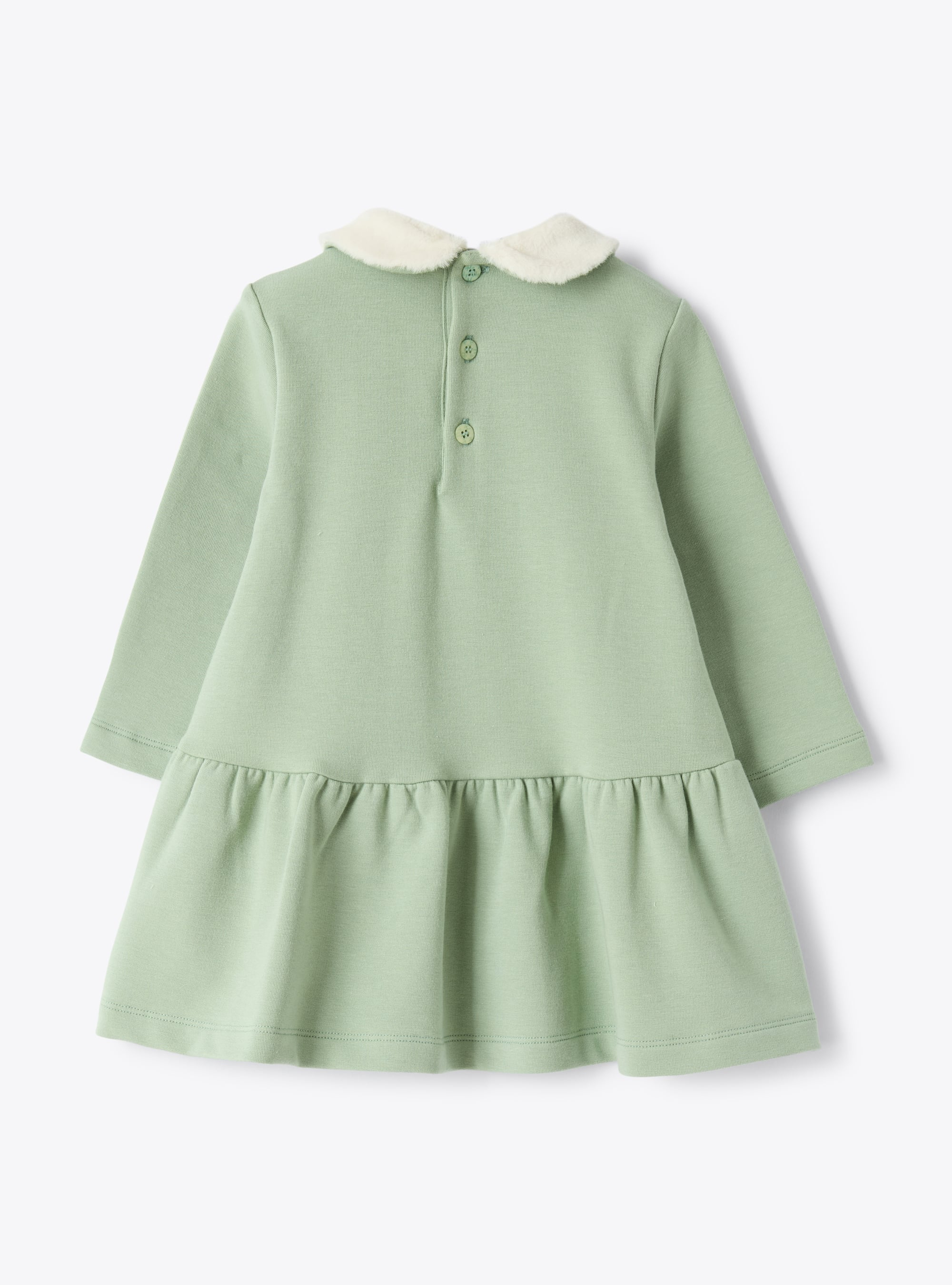 Cotton fleece dress with eco-fur insert - Green | Il Gufo