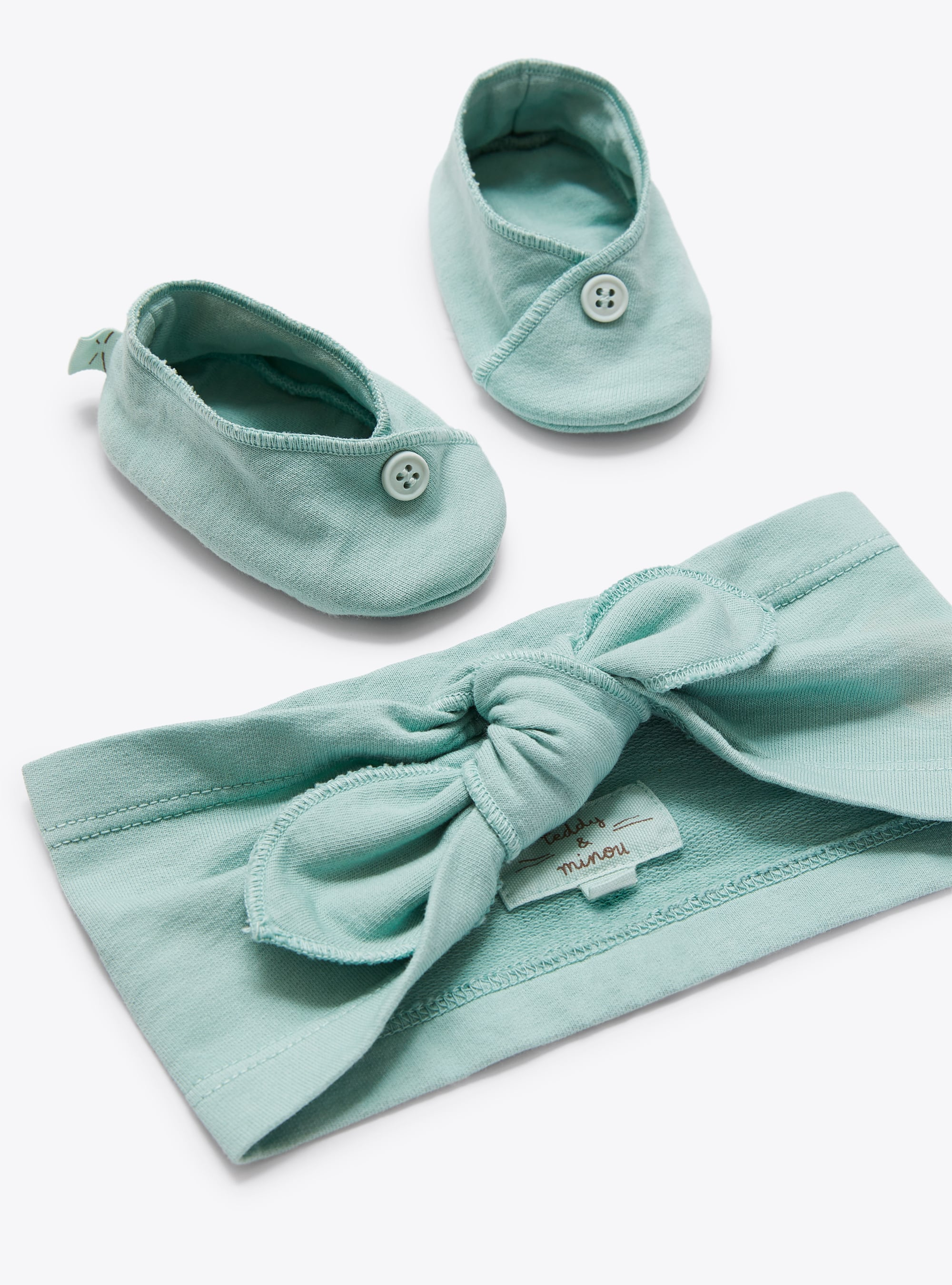 Ensemble bandeau et petites chaussures en coton biologique - Vert | Il Gufo