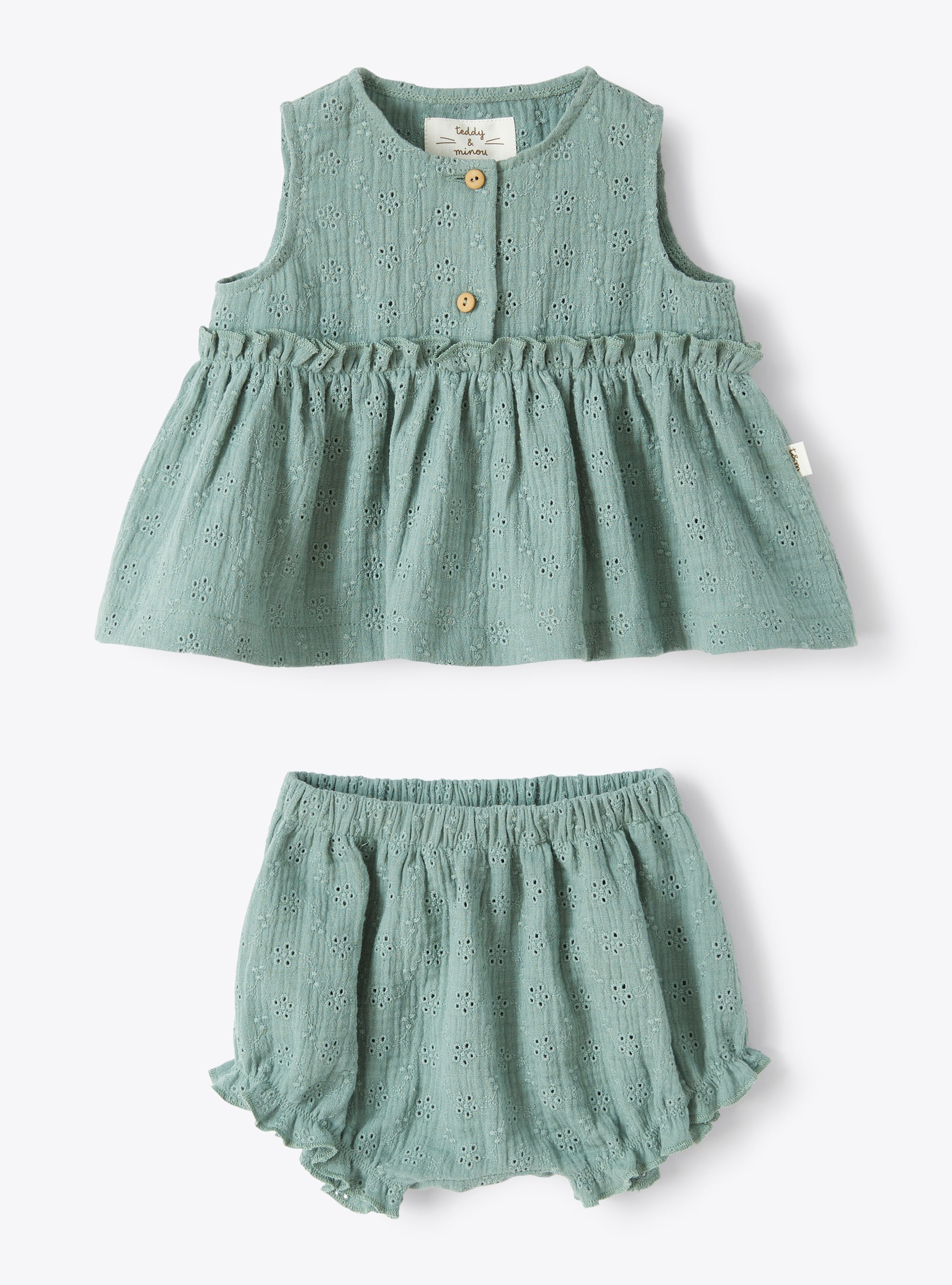 Two-piece set in sage-green broderie anglaise - Green | Il Gufo