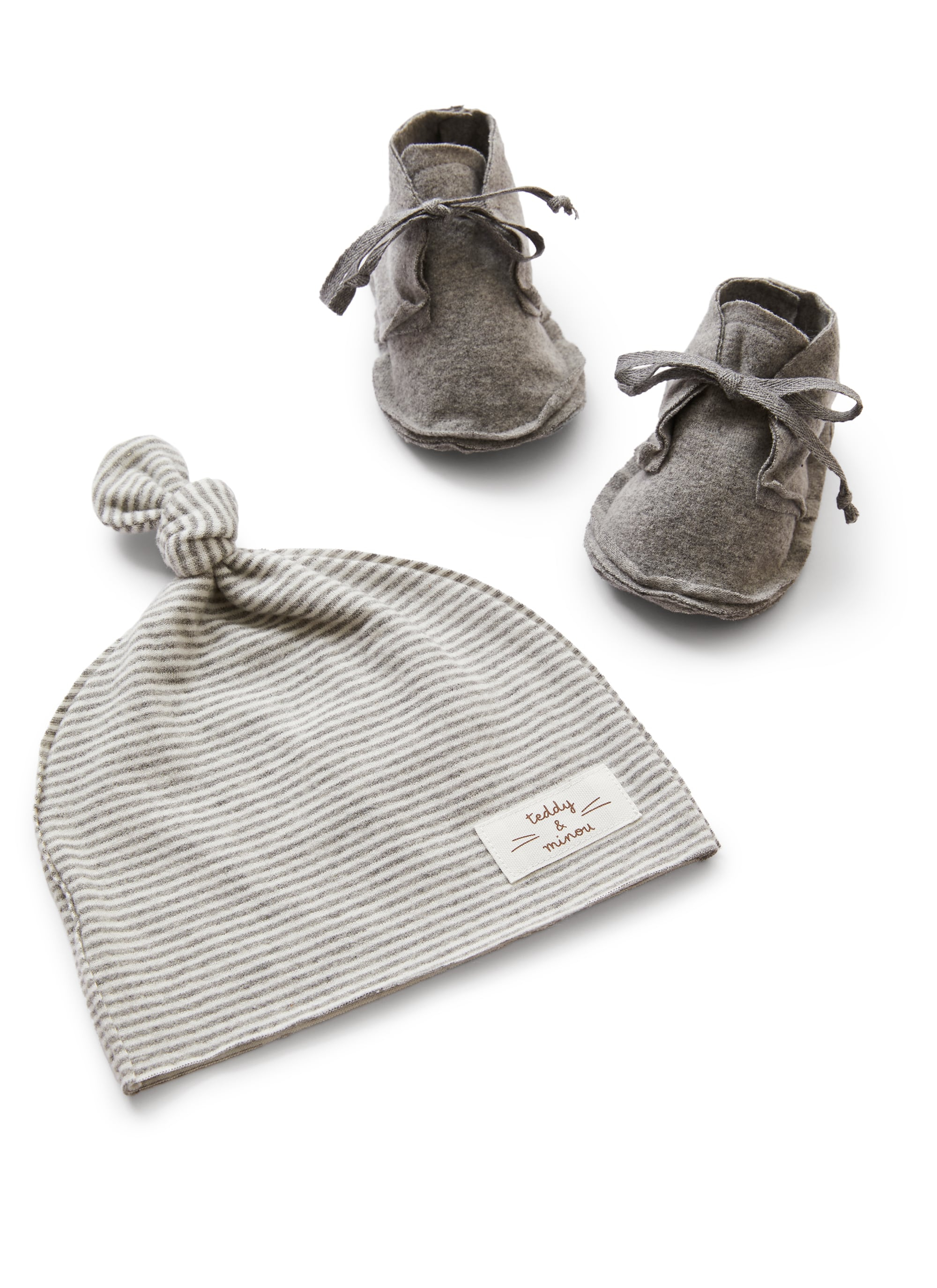 Grey stripe baby hat and booties set - White | Il Gufo
