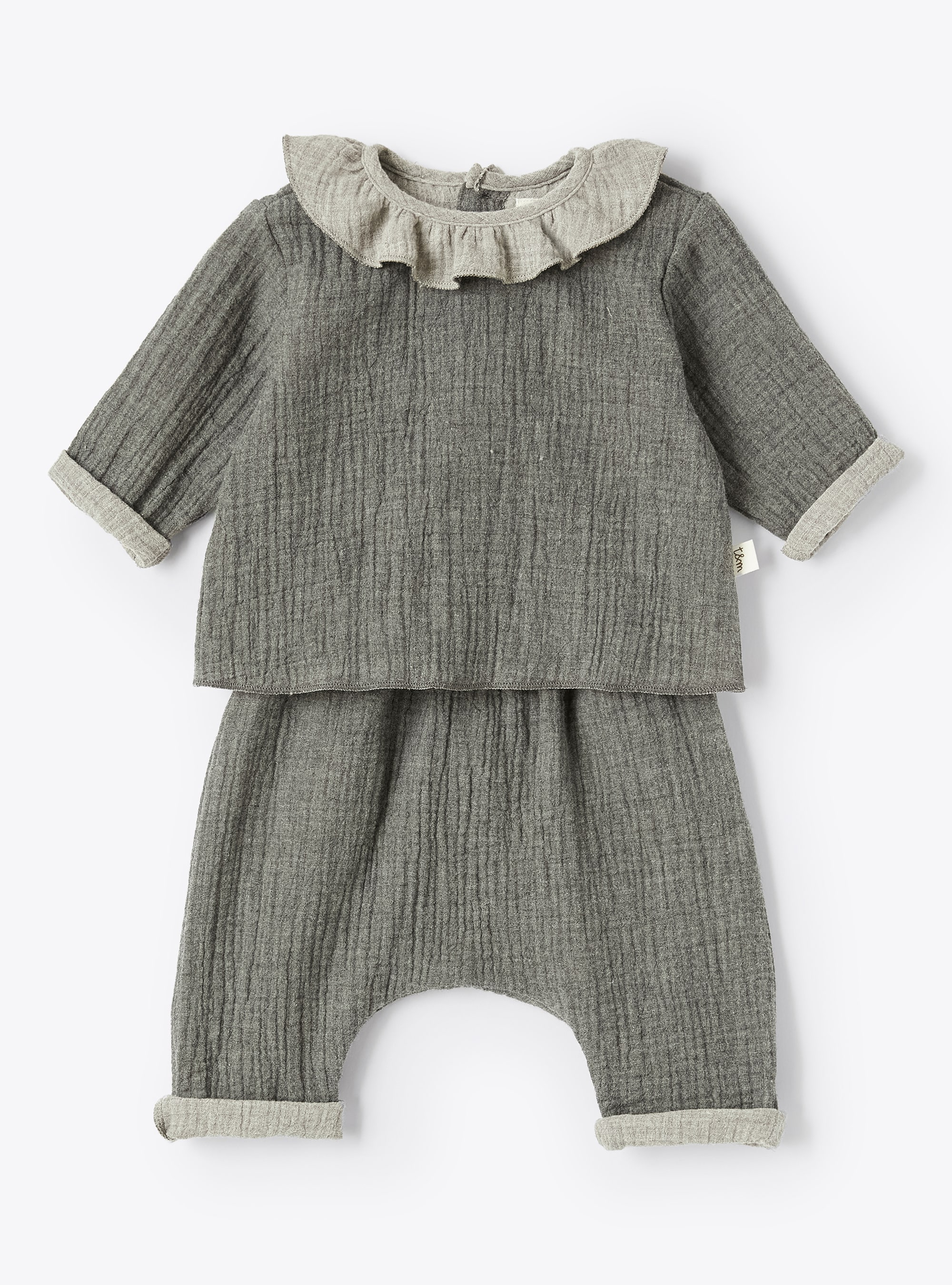 Grey double gauze outfit with ruffle - Two-piece sets - Il Gufo