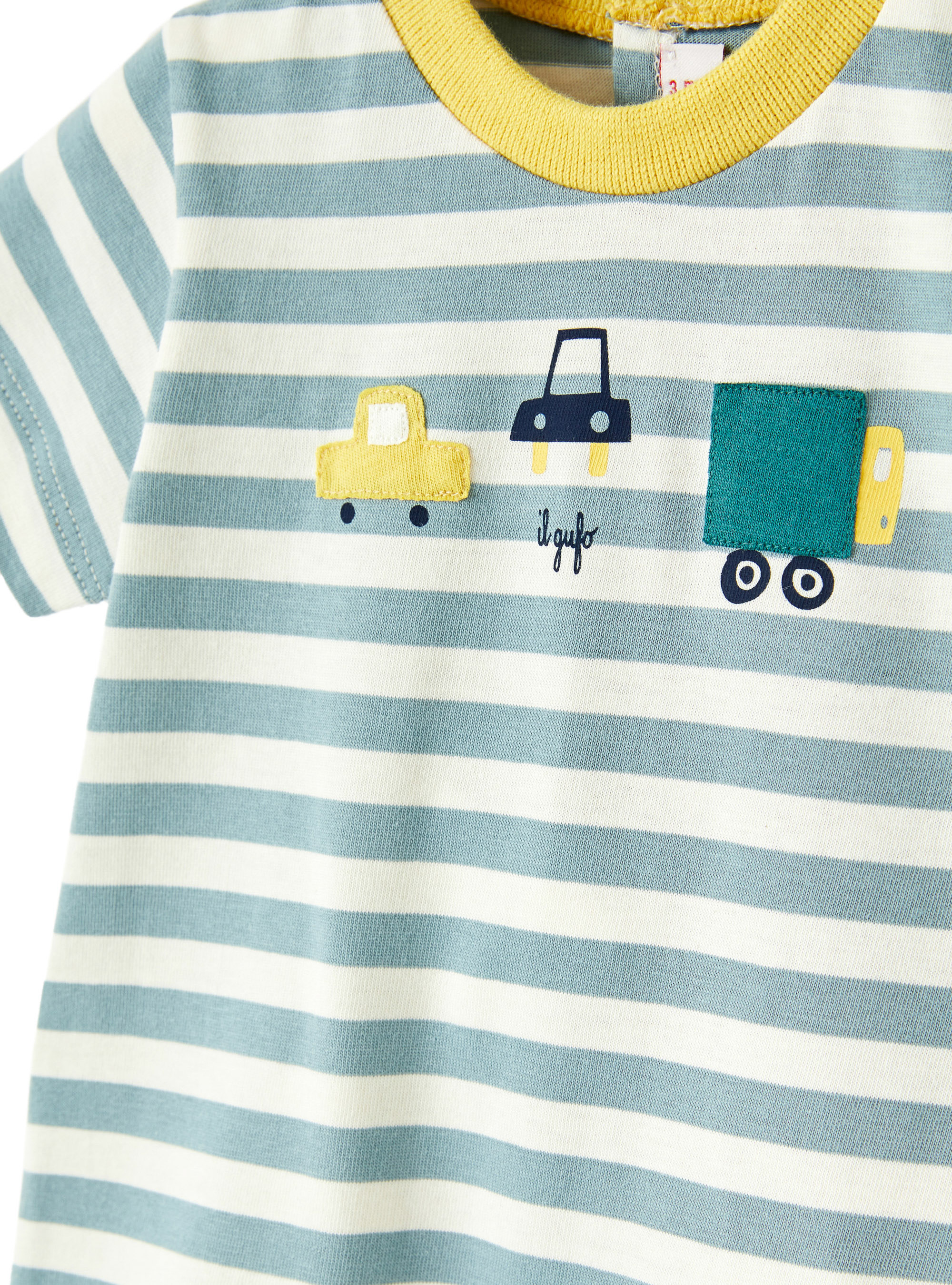 Striped romper with toy cars - Green | Il Gufo