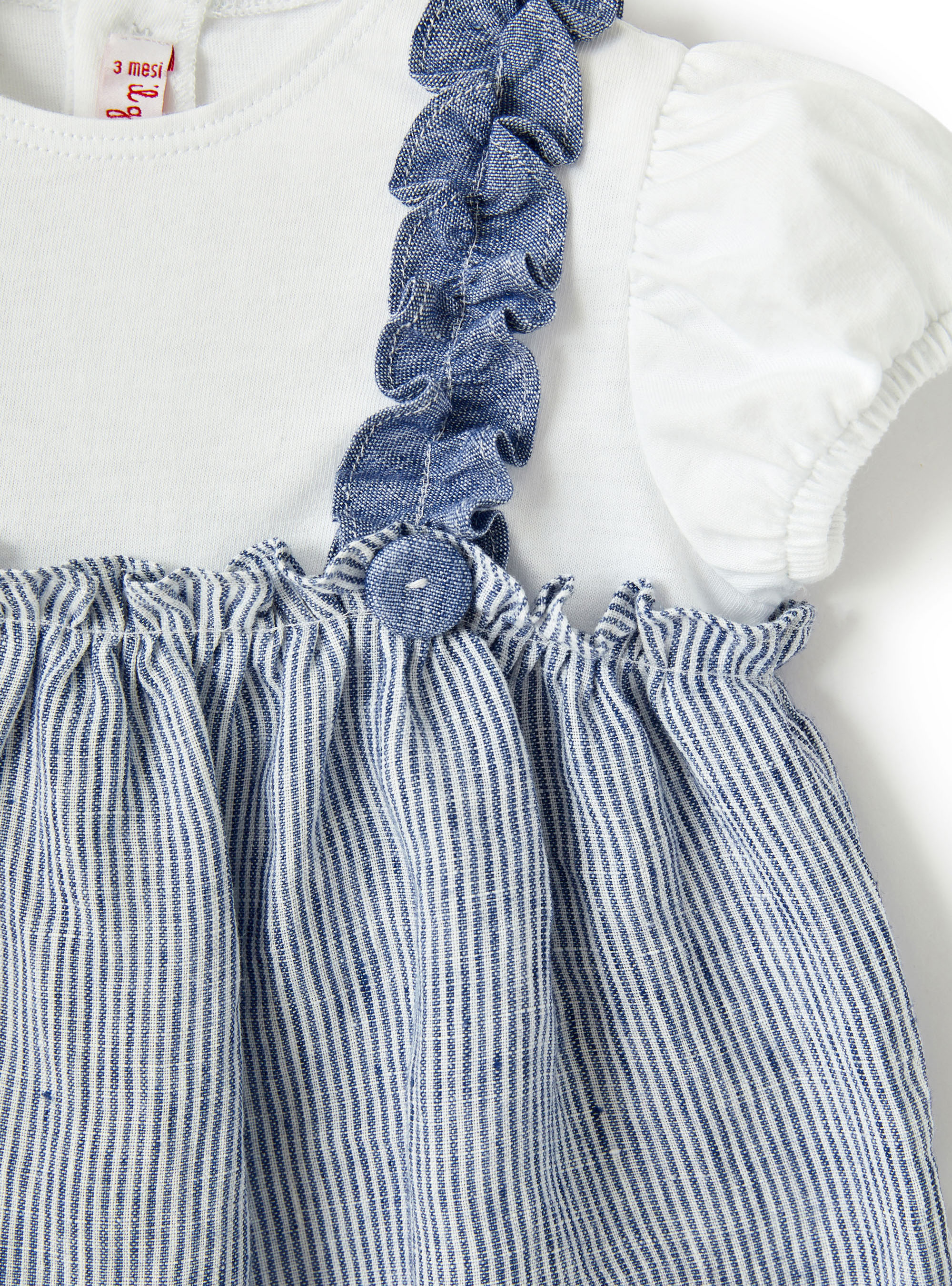 Striped linen romper with ruffles - Blue | Il Gufo