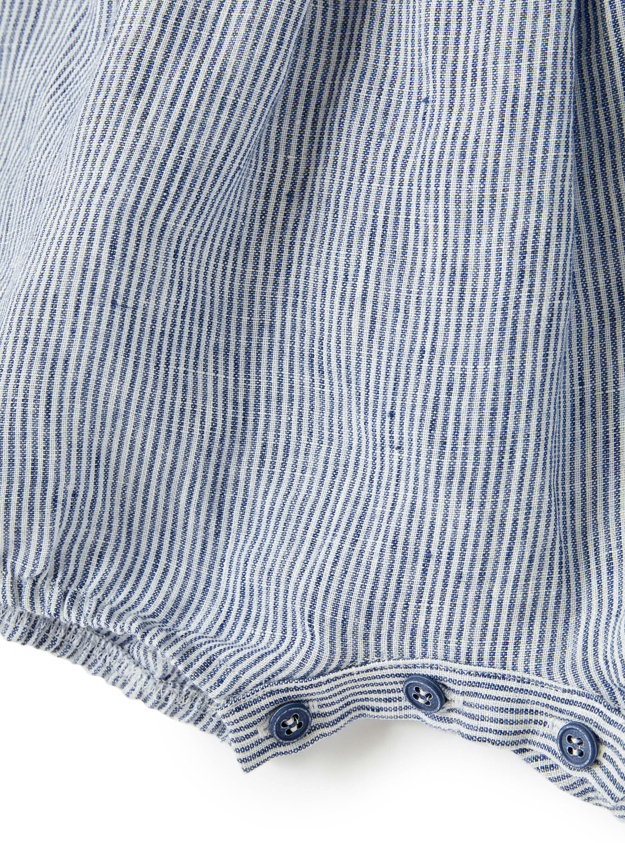 Striped linen romper with ruffles - Blue | Il Gufo