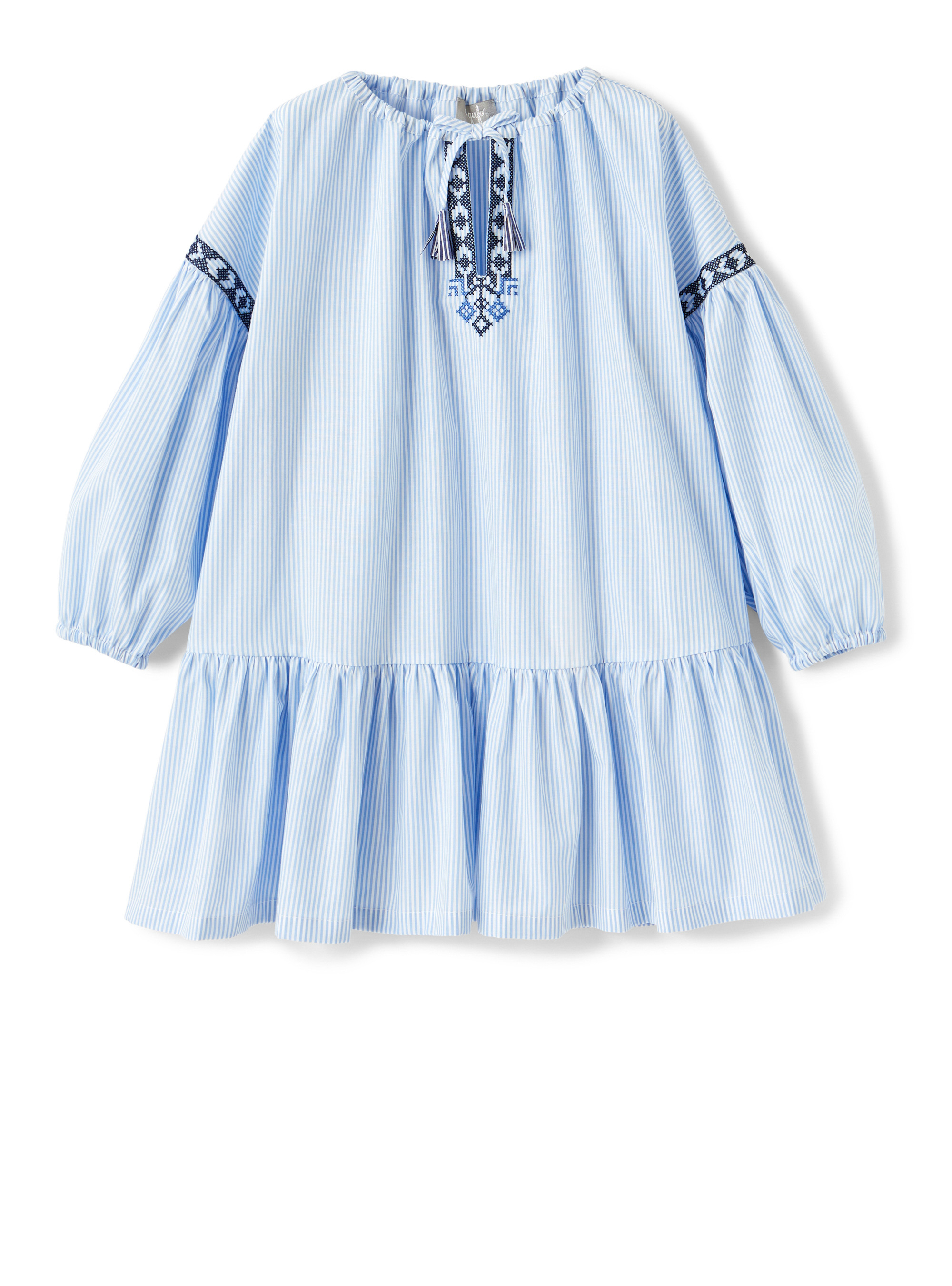 Striped dress with folk embroidery - Blue | Il Gufo