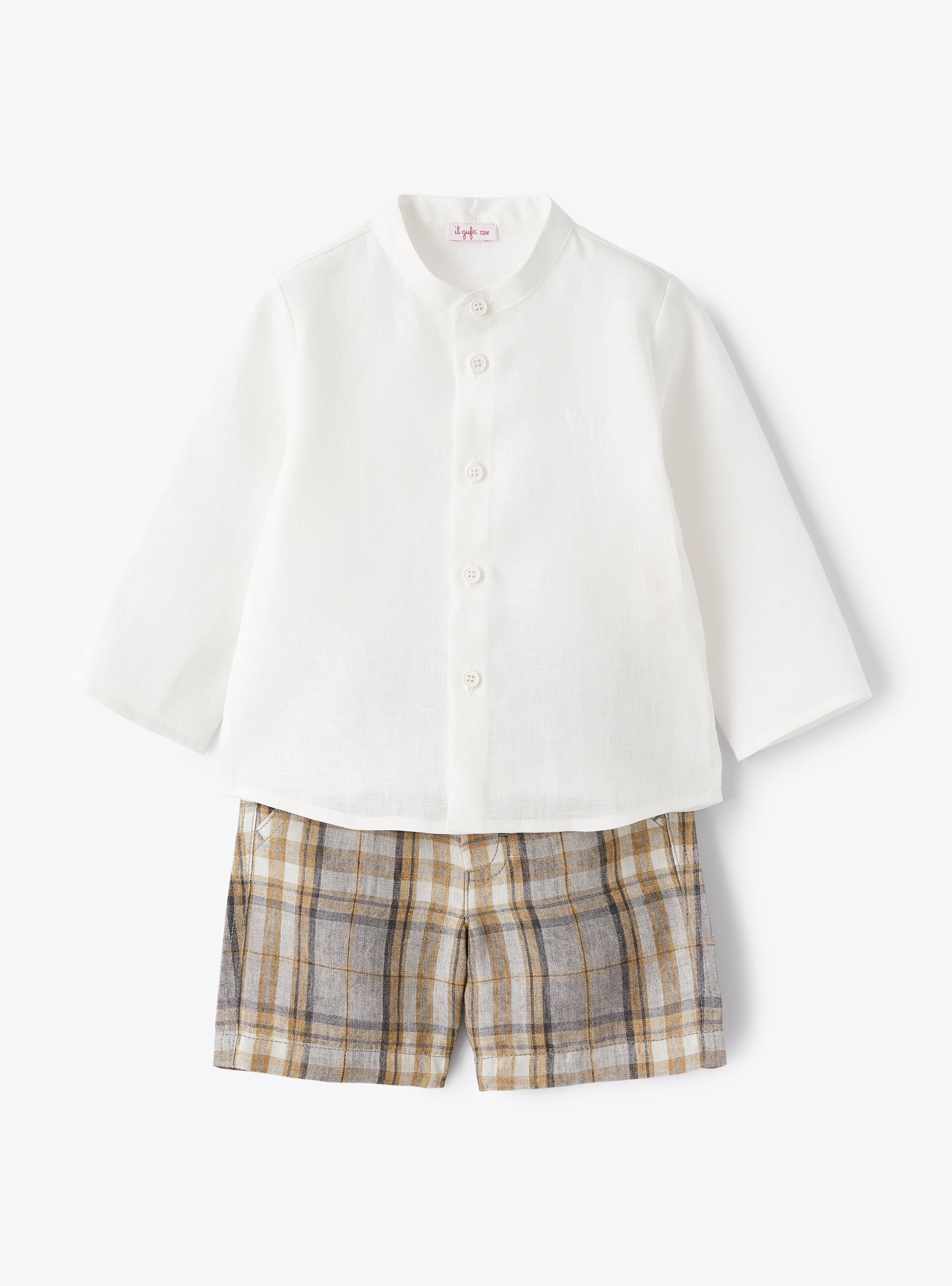 Linen set with madras-patterned trousers - Beige | Il Gufo