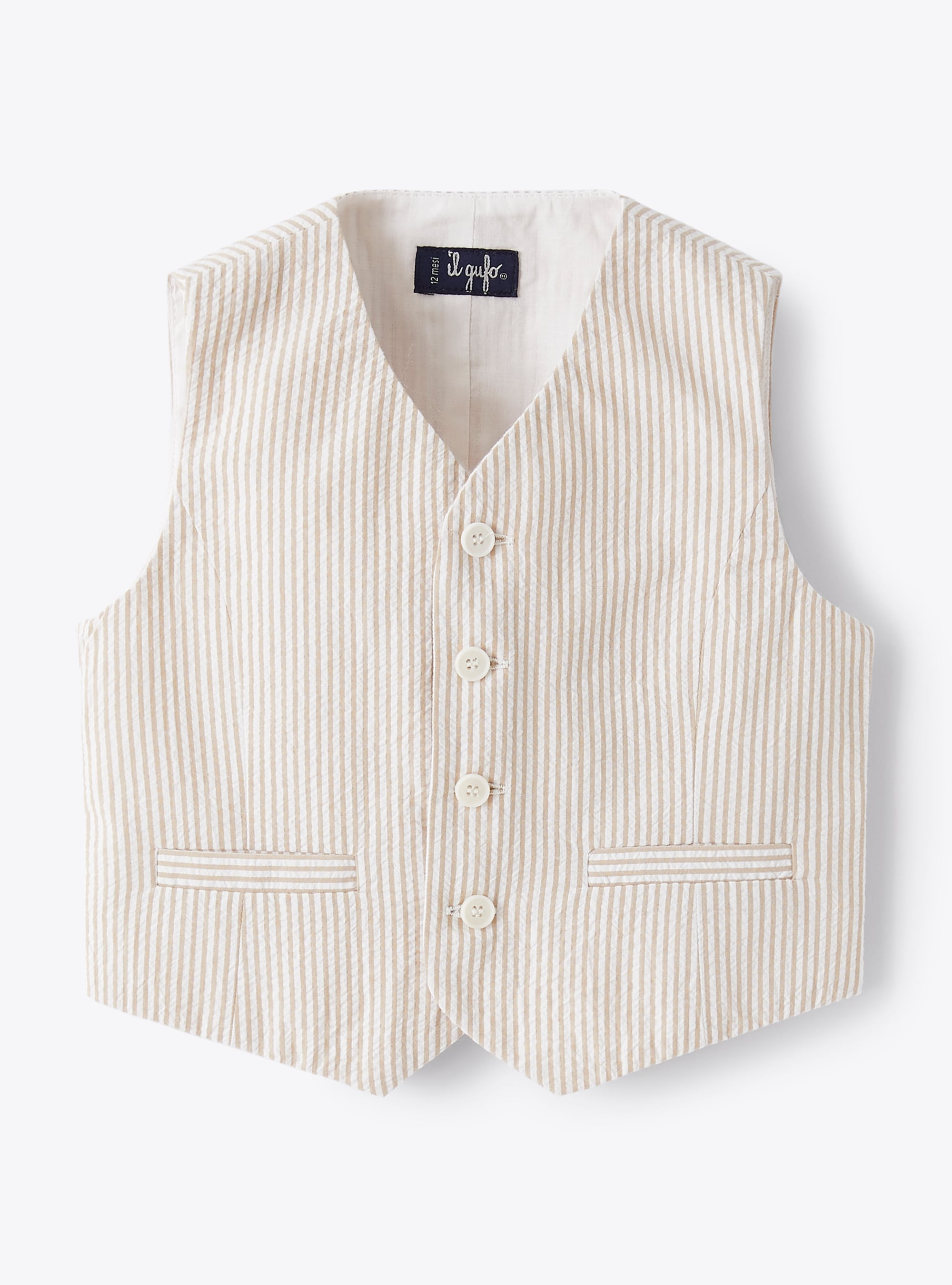 Waistcoat in beige-striped seersucker - Sweaters - Il Gufo