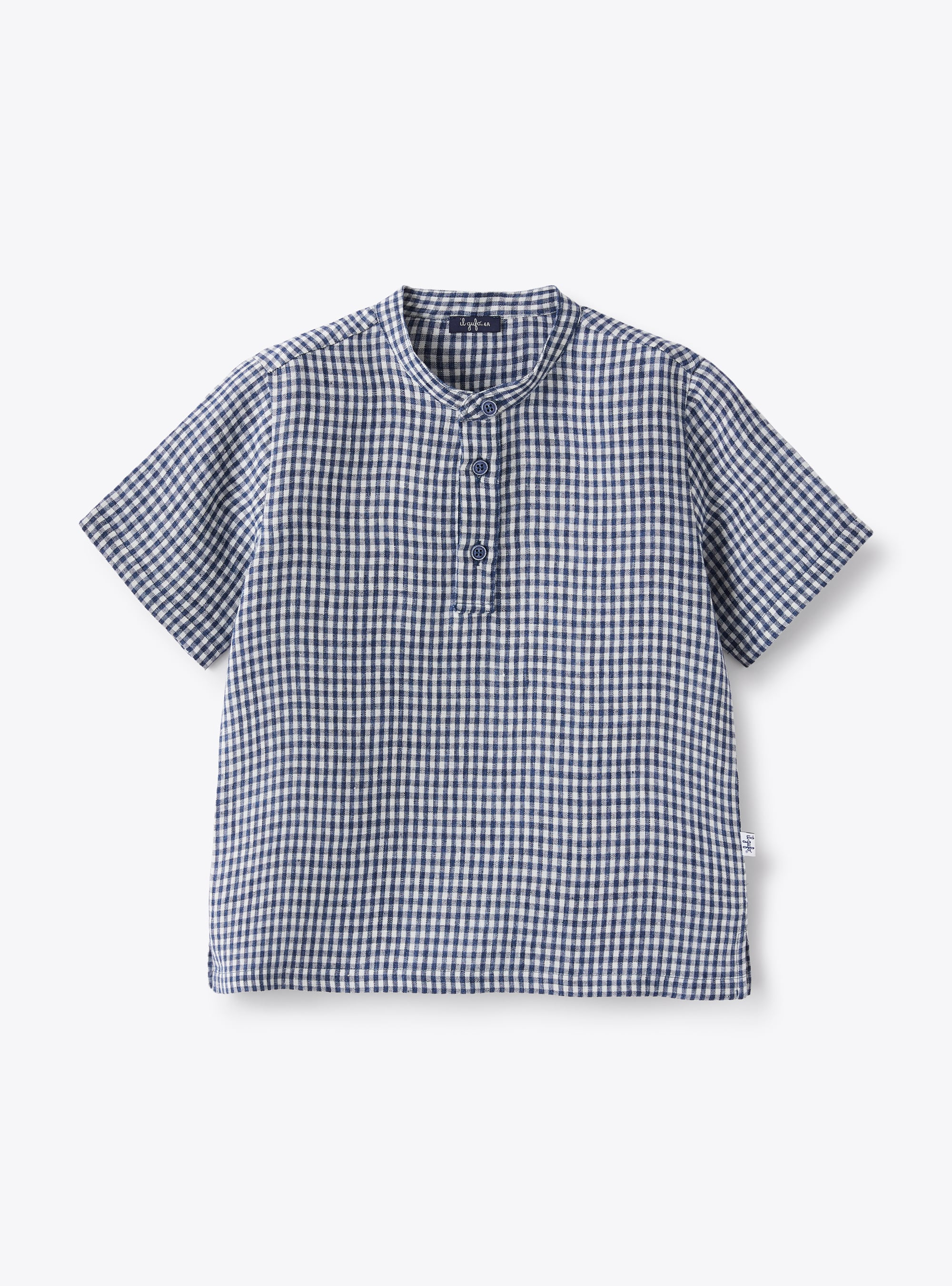 Mandarin-collar polo shirt in blue linen - T-shirts - Il Gufo