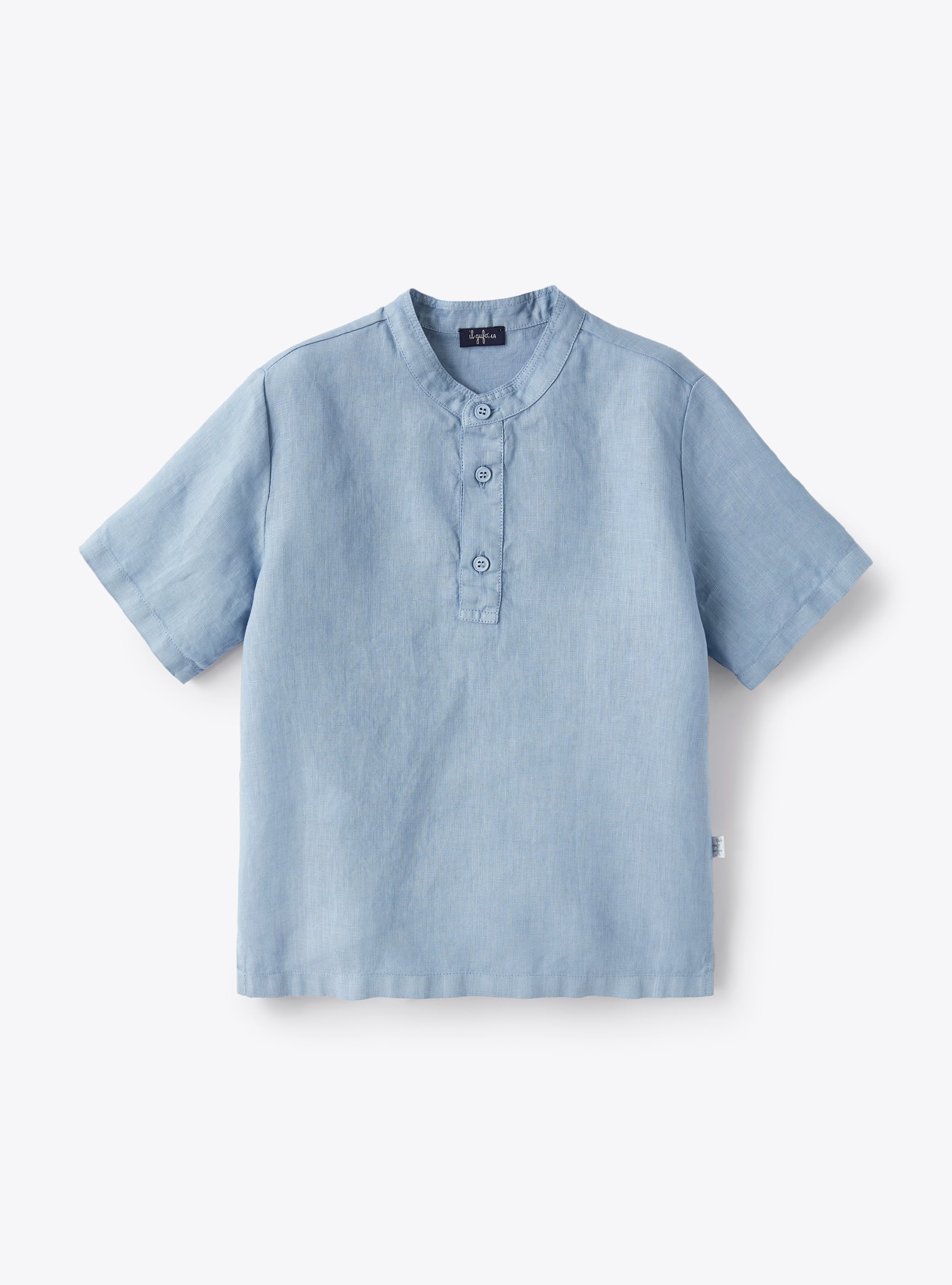 Mandarin-collar polo shirt in linen - Light blue | Il Gufo