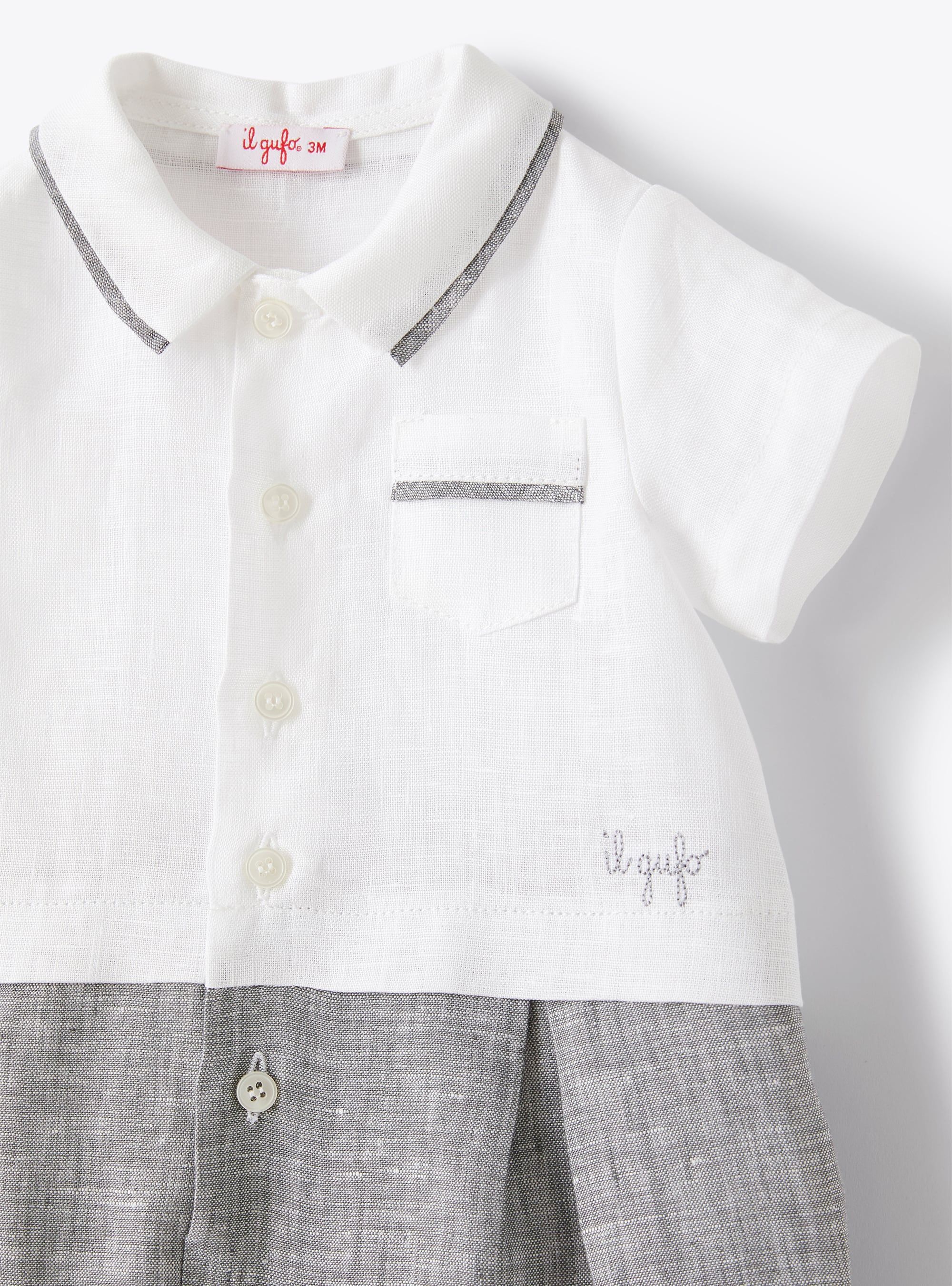 Romper suit in two-tone linen - White | Il Gufo
