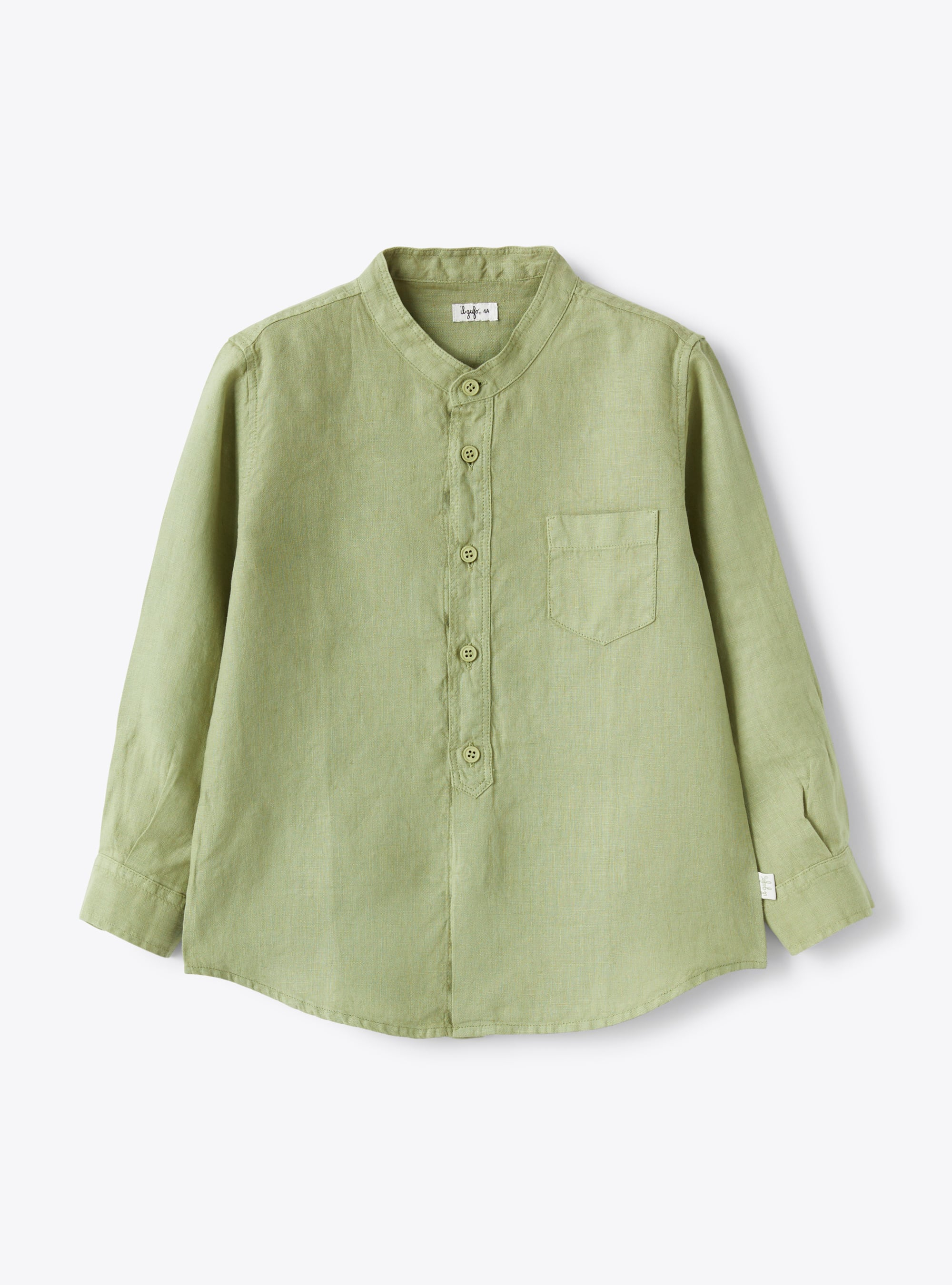 Рубашка из льна оттенка зеленого шалфея с воротником-стойкой - Зеленый | Il Gufo