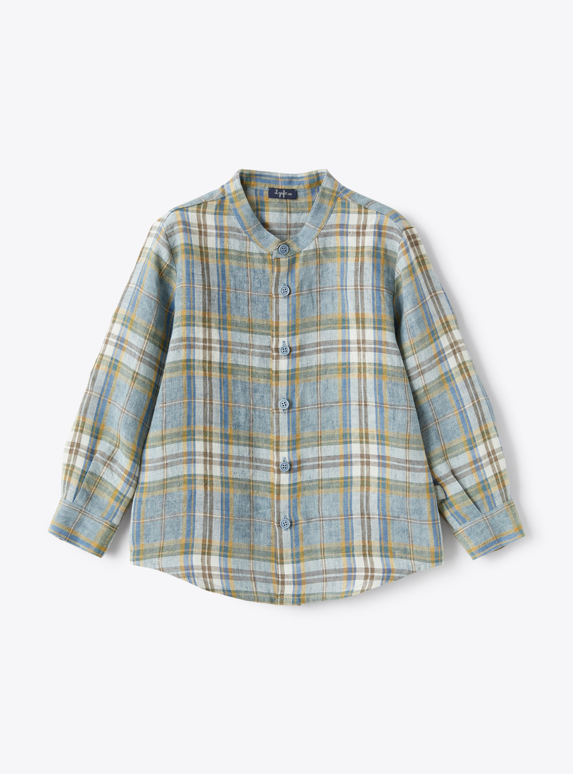 Mandarin-collar shirt in madras-patterned linen  - Beige | Il Gufo