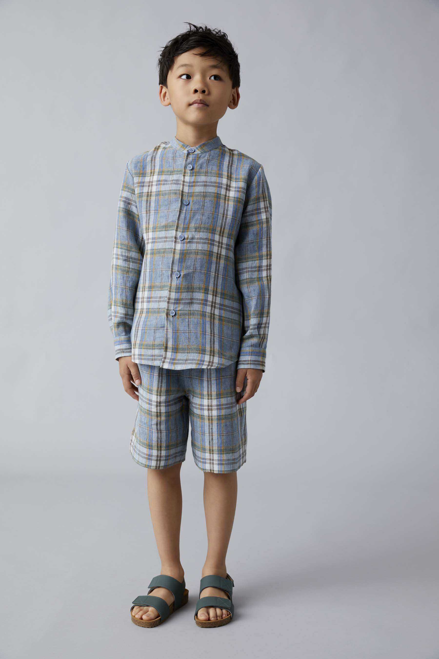 Mandarin-collar shirt in madras-patterned linen  - Beige | Il Gufo