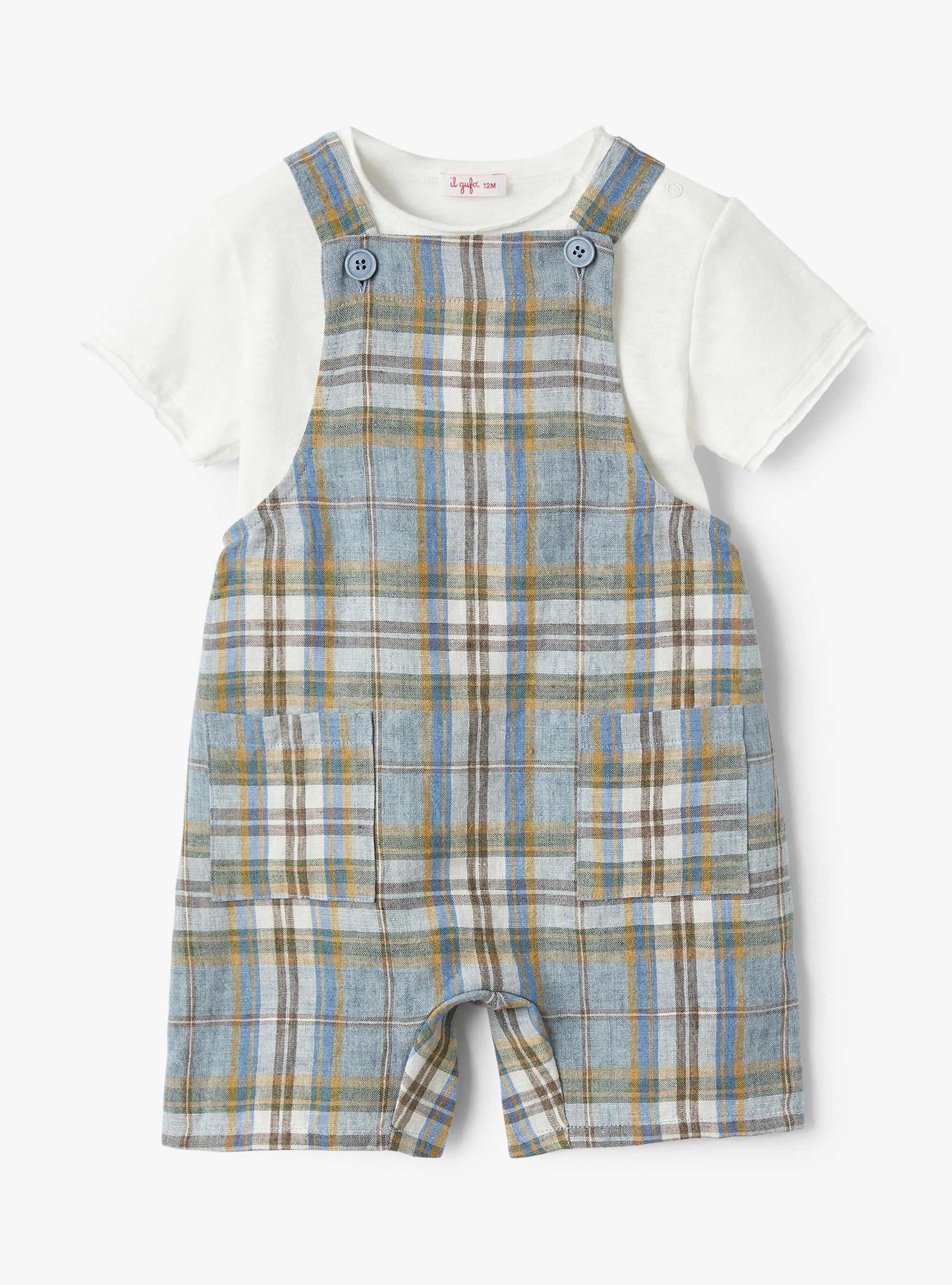 Two-piece set for baby boys with linen dungarees - Beige | Il Gufo