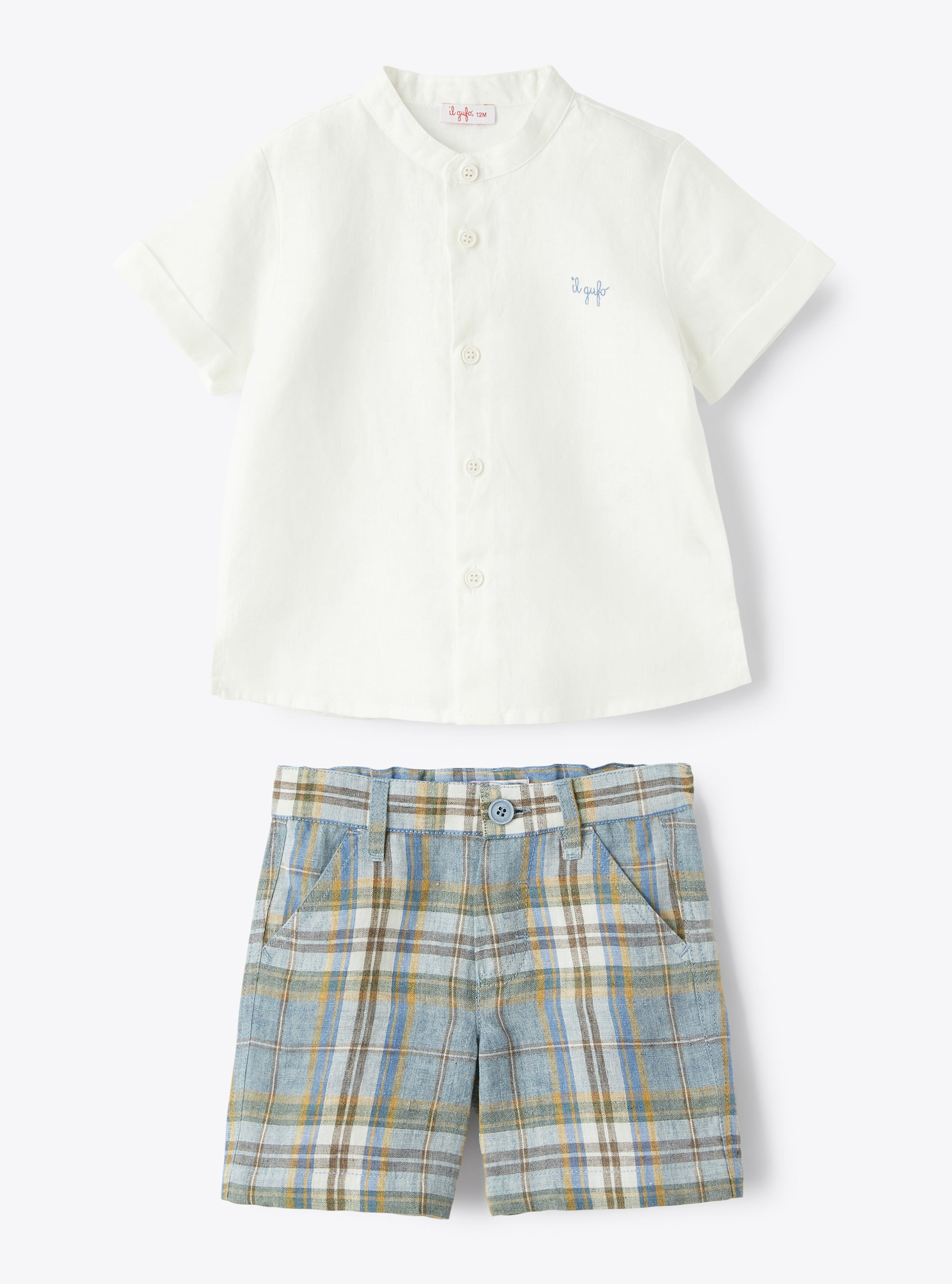 Two-piece set for baby boys with Madras-patterned trousers - Beige | Il Gufo