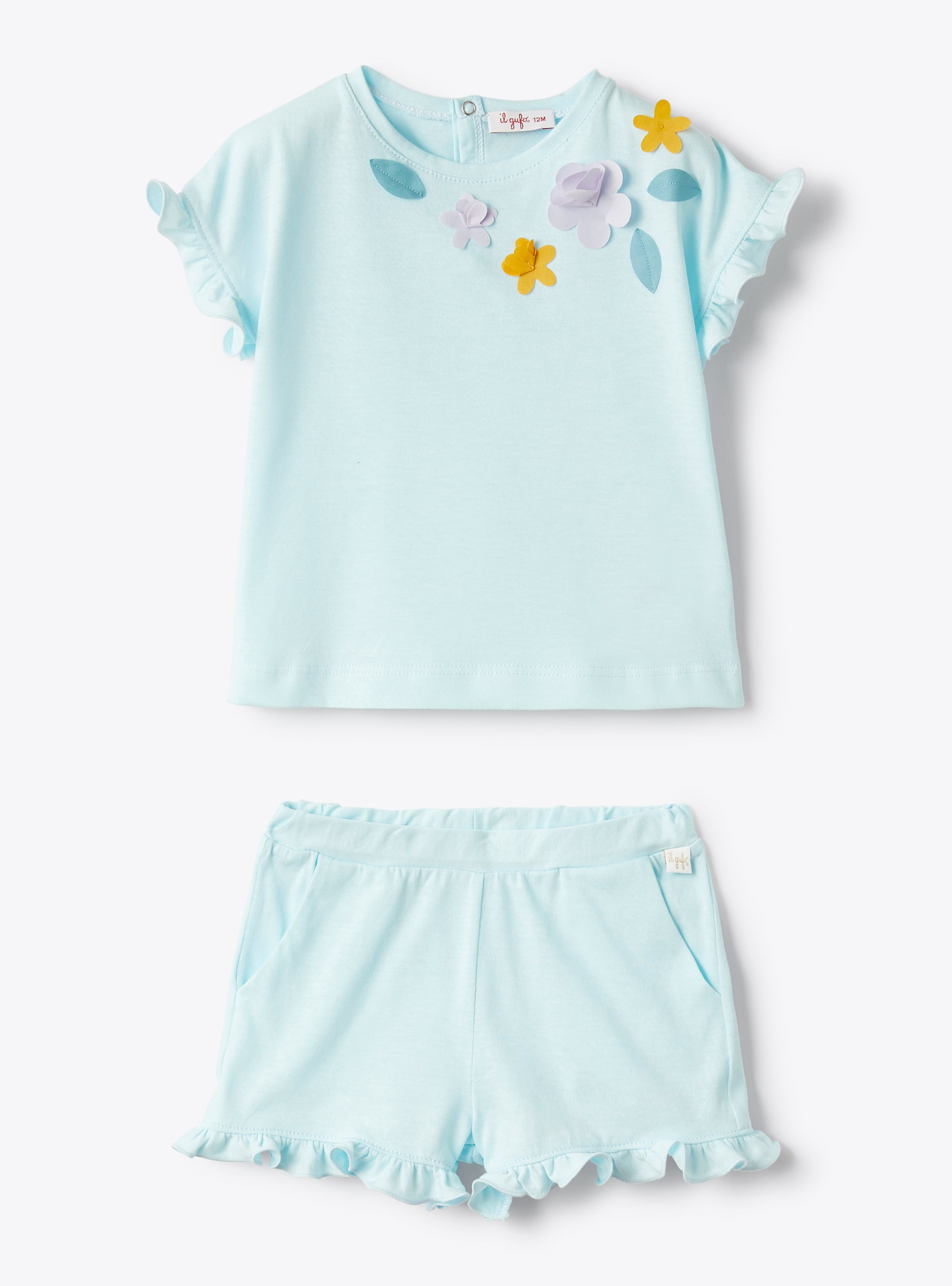 Two-piece set for baby girls in jersey with appliquéd flowers - Fuchsia | Il Gufo