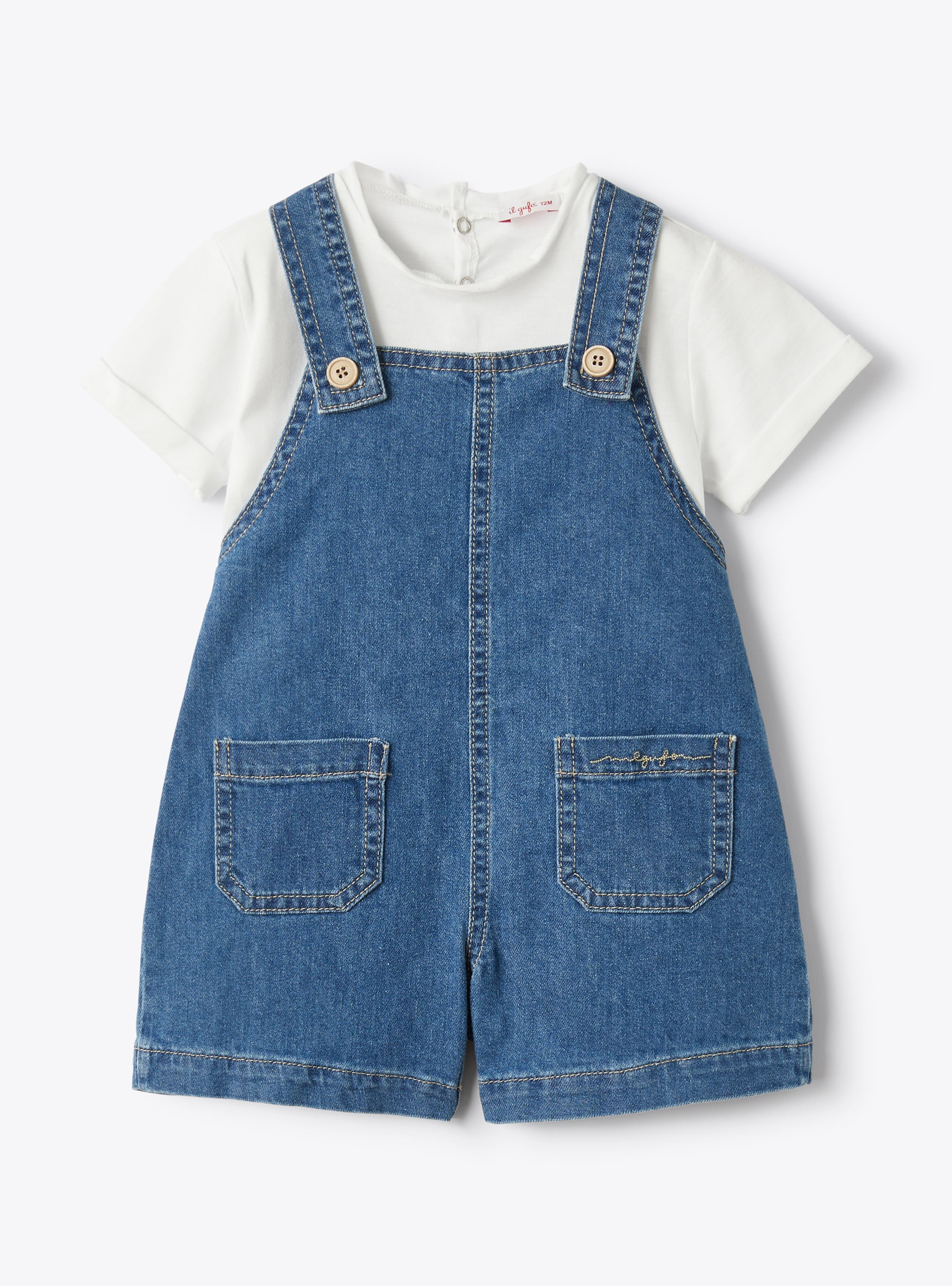 Two-piece set with dungarees in stretch denim - Blue | Il Gufo