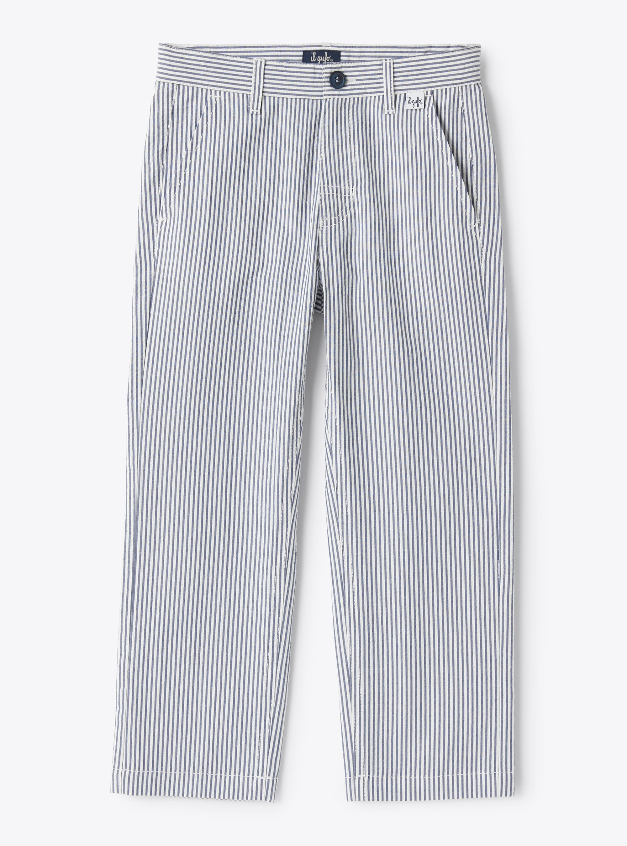 Pantalone lungo in seersucker a righe blu e bianche - Pantaloni - Il Gufo