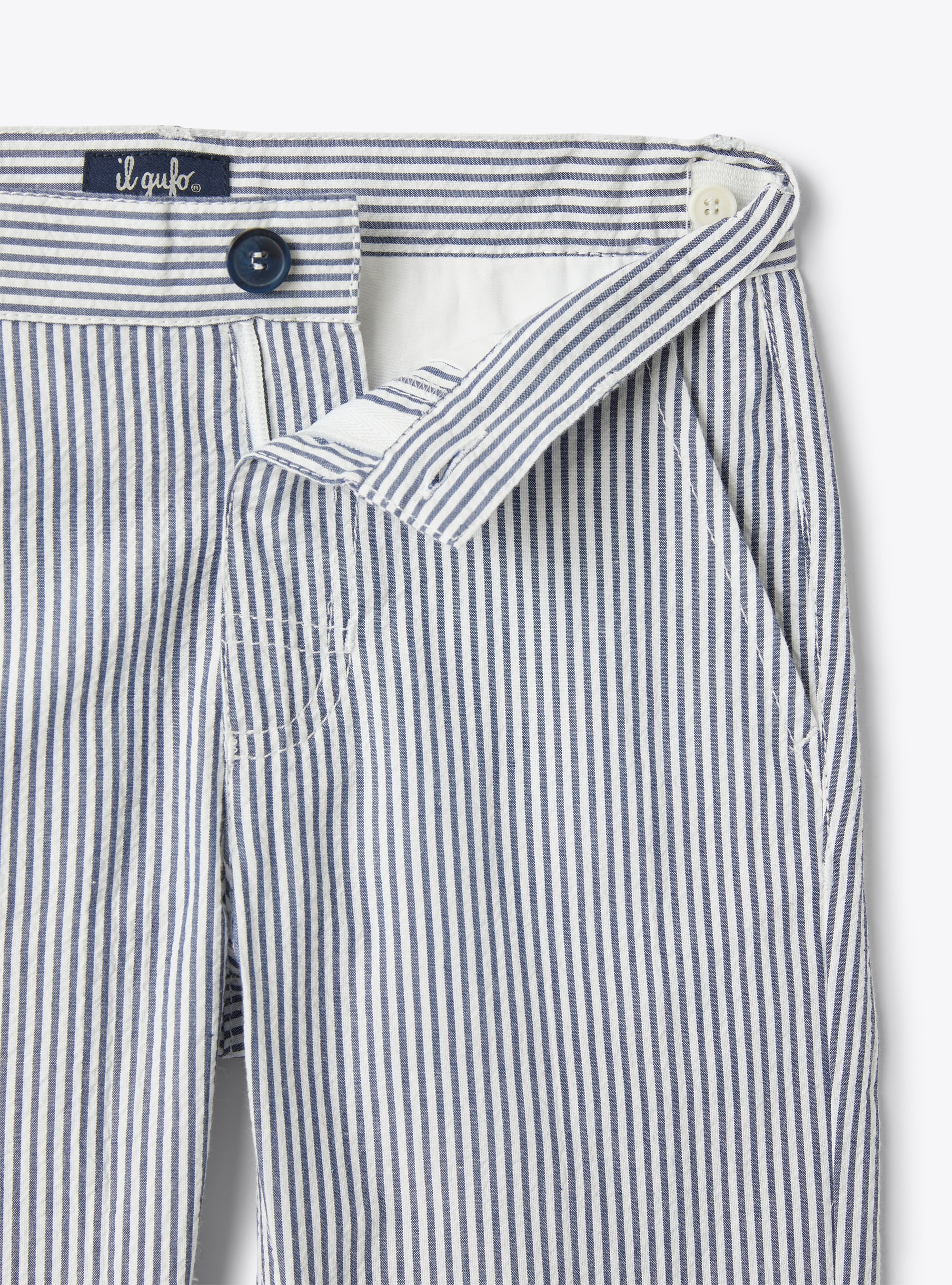 Long trousers in blue-&-white striped seersucker - Blue | Il Gufo