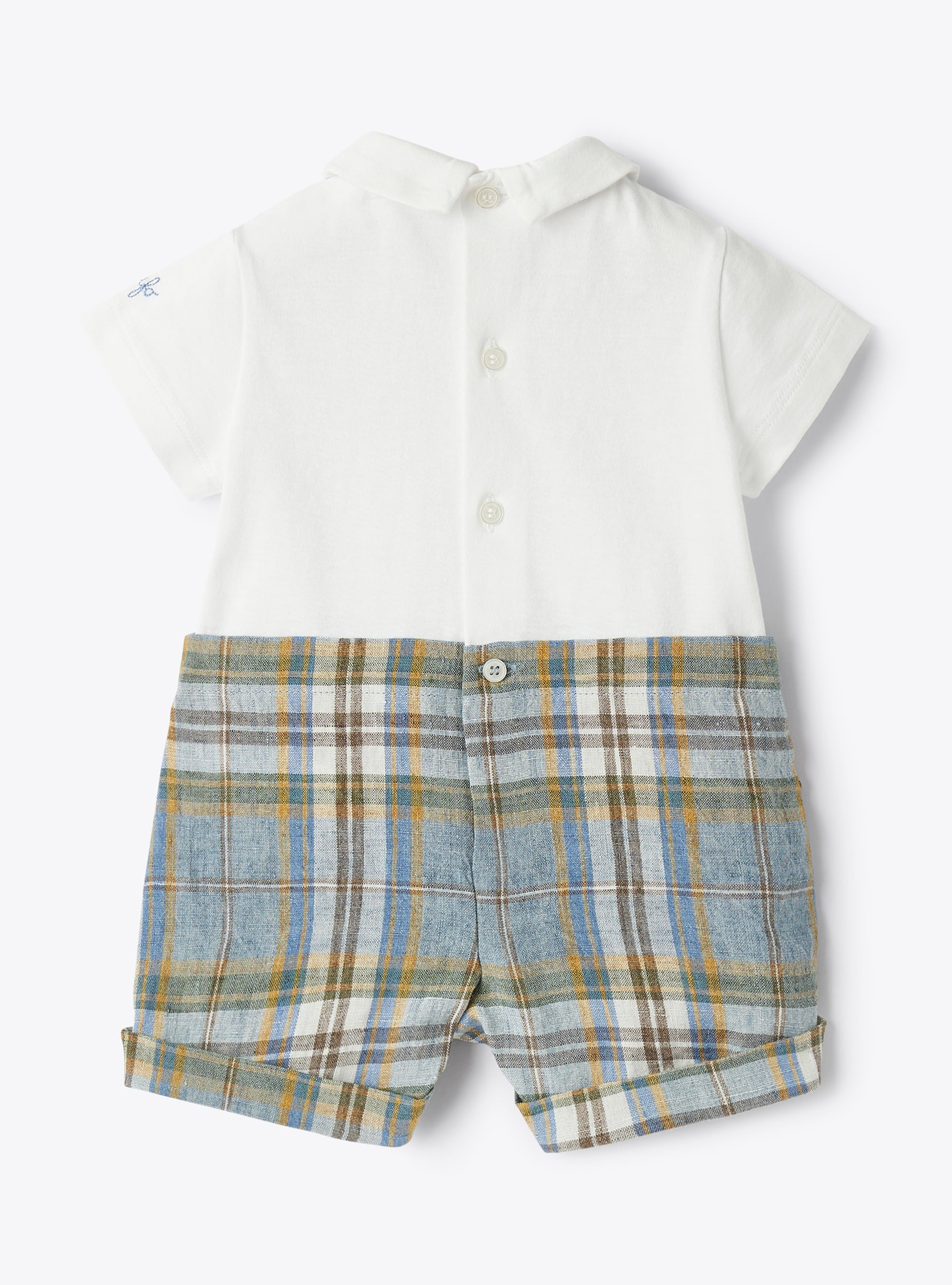 Short Madras-linen babysuit in two different materials - Beige | Il Gufo
