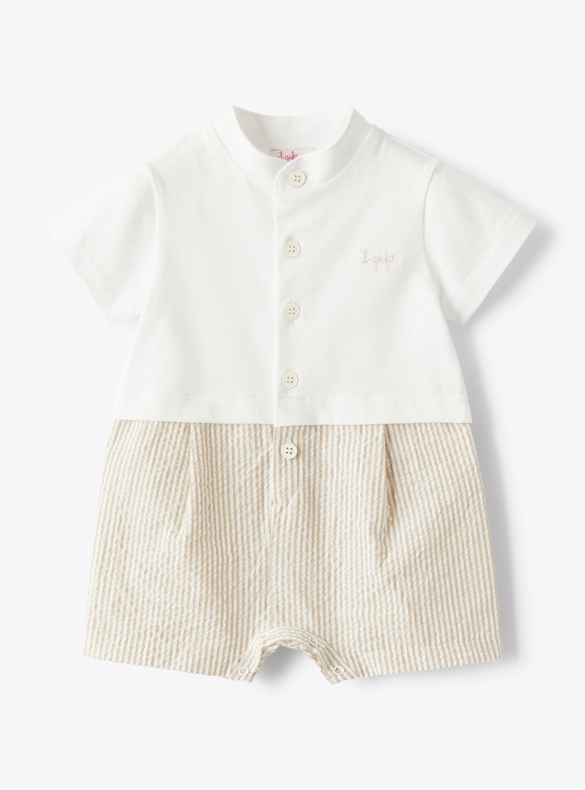 Short striped-seersucker babysuit in two different materials - Babygrows - Il Gufo
