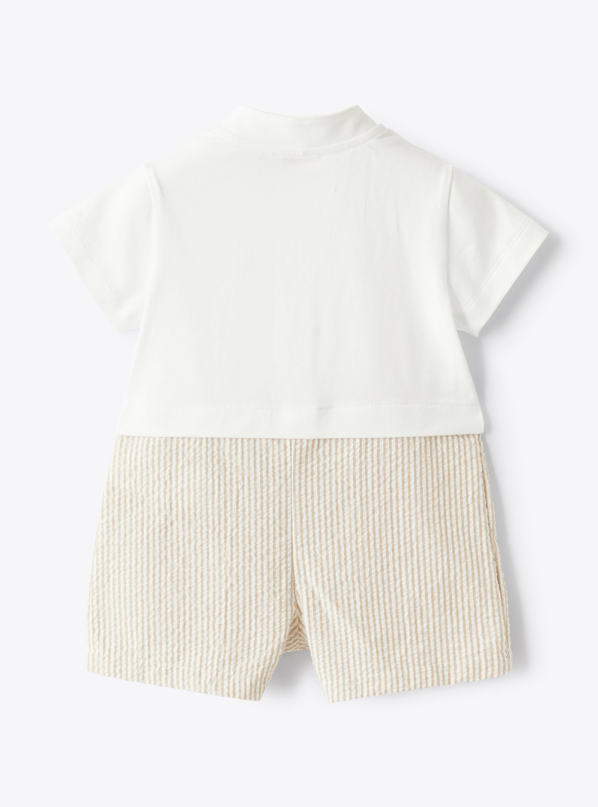 Short striped-seersucker babysuit in two different materials - Beige | Il Gufo