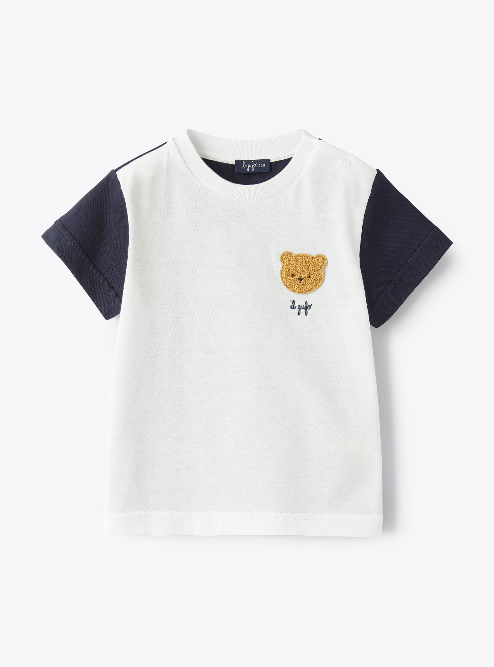Two-tone t-shirt for baby boys with teddy-bear detail - Blue | Il Gufo