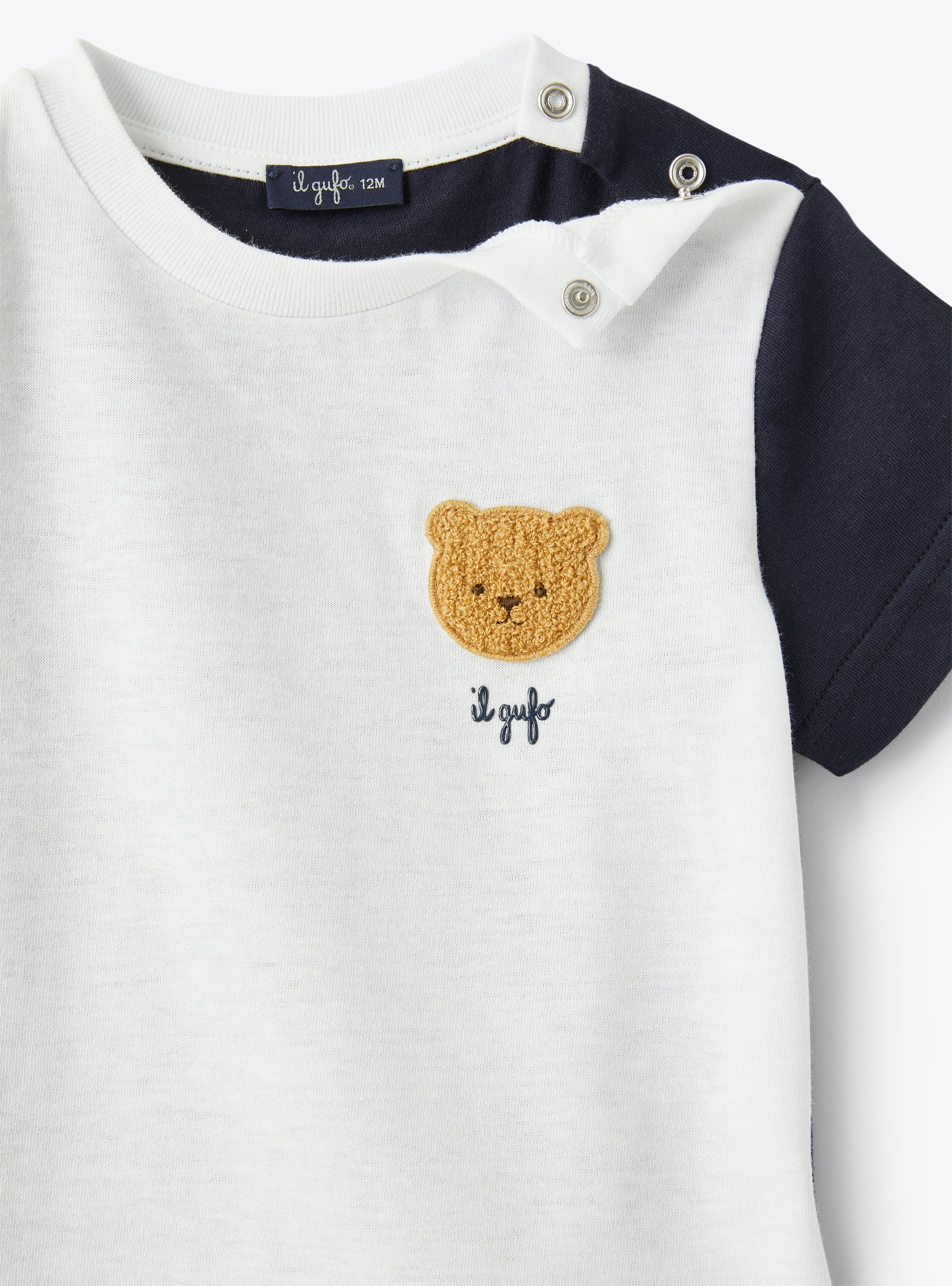 T-shirt neonato bicolore con applicazione orsetto - Blu | Il Gufo
