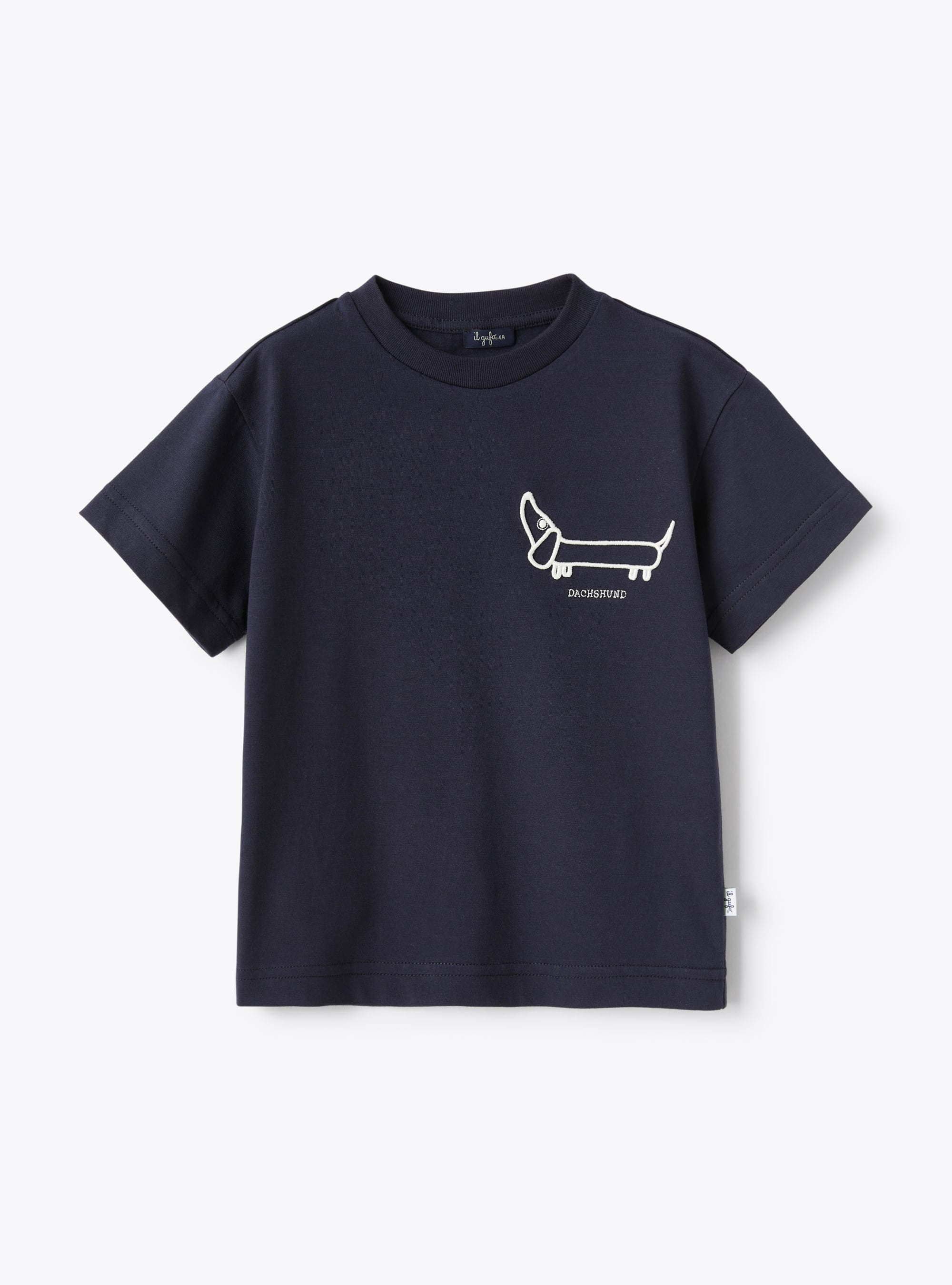 Blaues T-Shirt mit Dackel-Stickerei in Milchweiß - T-shirts - Il Gufo