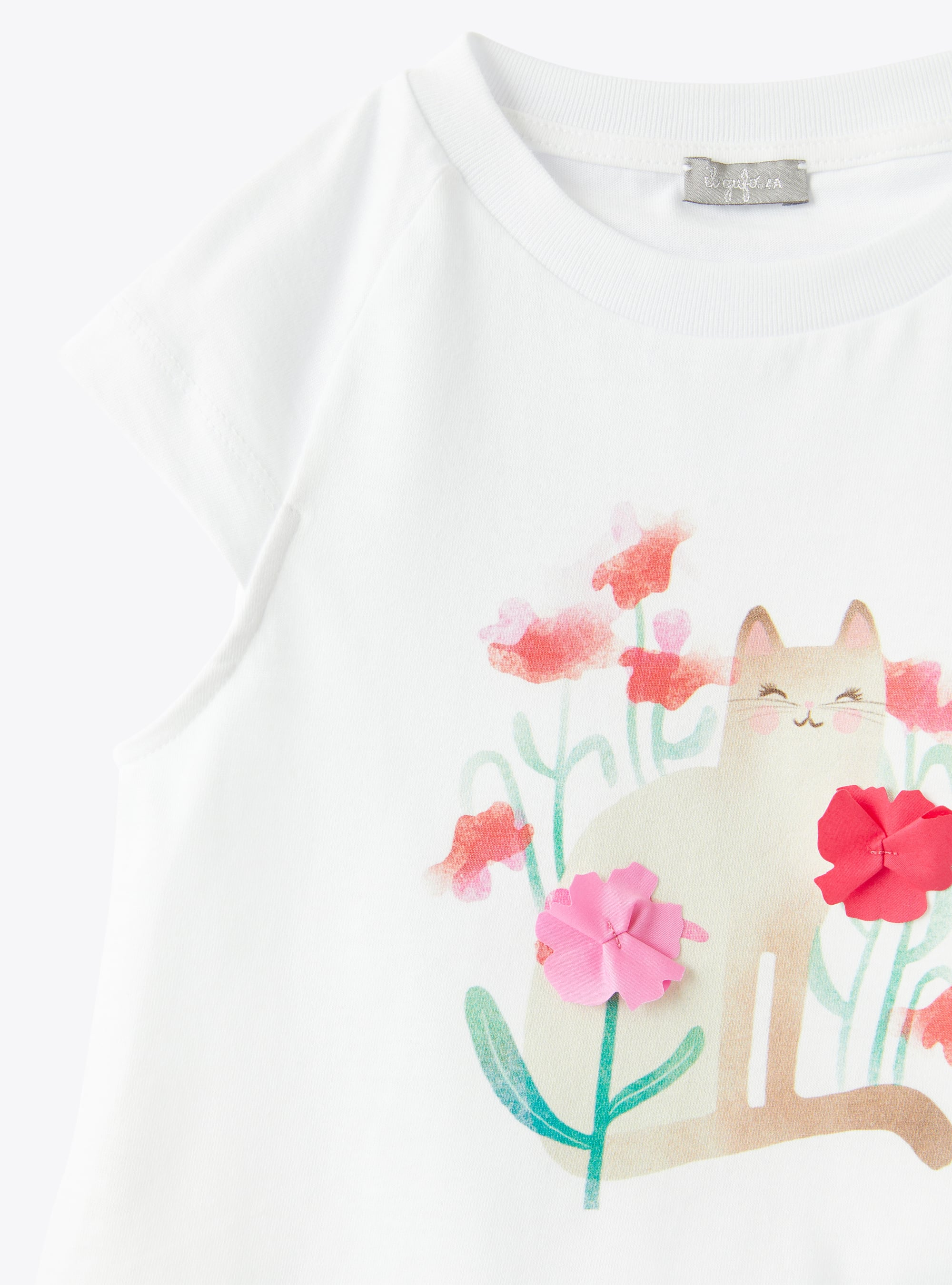 T-Shirt mit aufgedruckter Katze - Fuchsie | Il Gufo