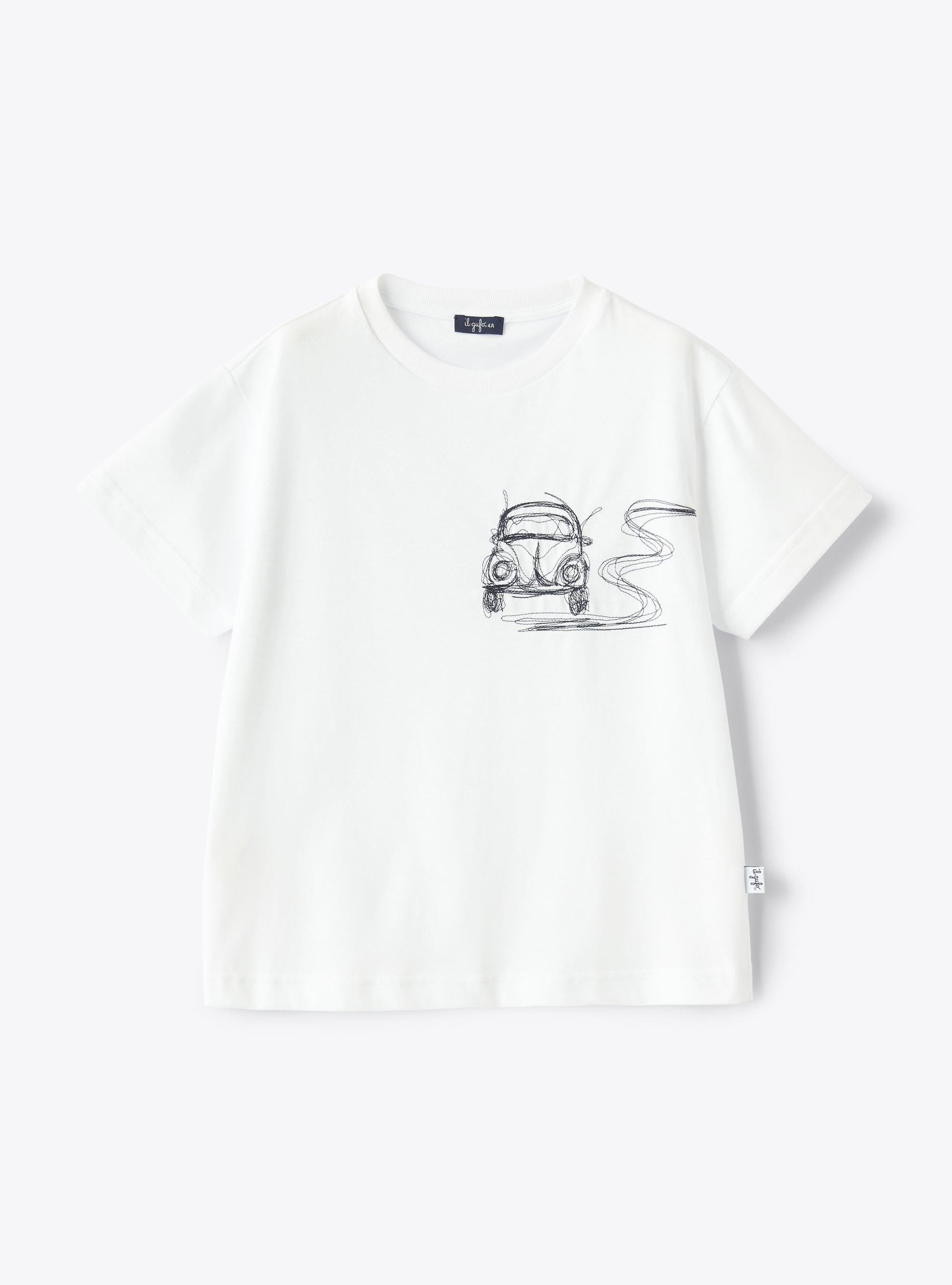 White t-shirt with embroidered blue car - Blue | Il Gufo